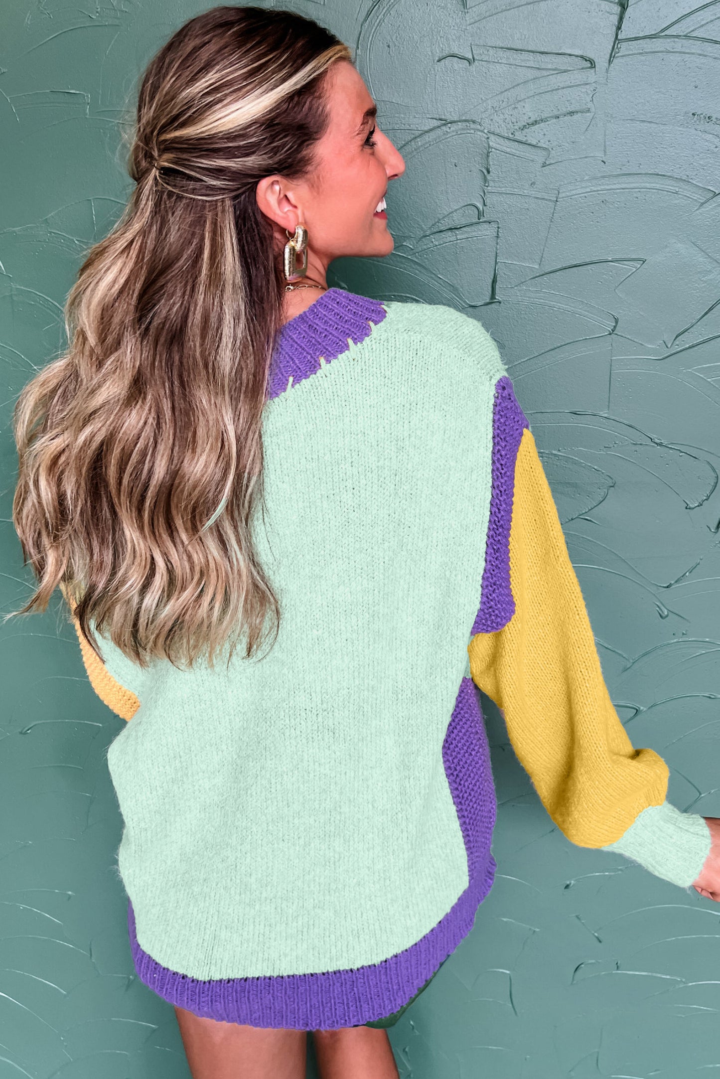 Green Stitched V Neck Color Block Knitted Drop Shoulder Sweater-TOPS / DRESSES-[Adult]-[Female]-2022 Online Blue Zone Planet
