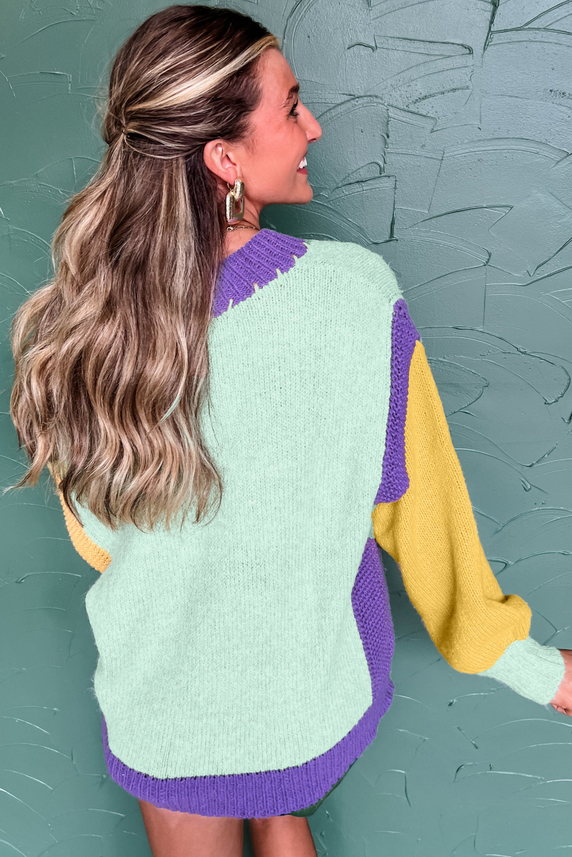 Green Stitched V Neck Color Block Knitted Drop Shoulder Sweater-TOPS / DRESSES-[Adult]-[Female]-2022 Online Blue Zone Planet