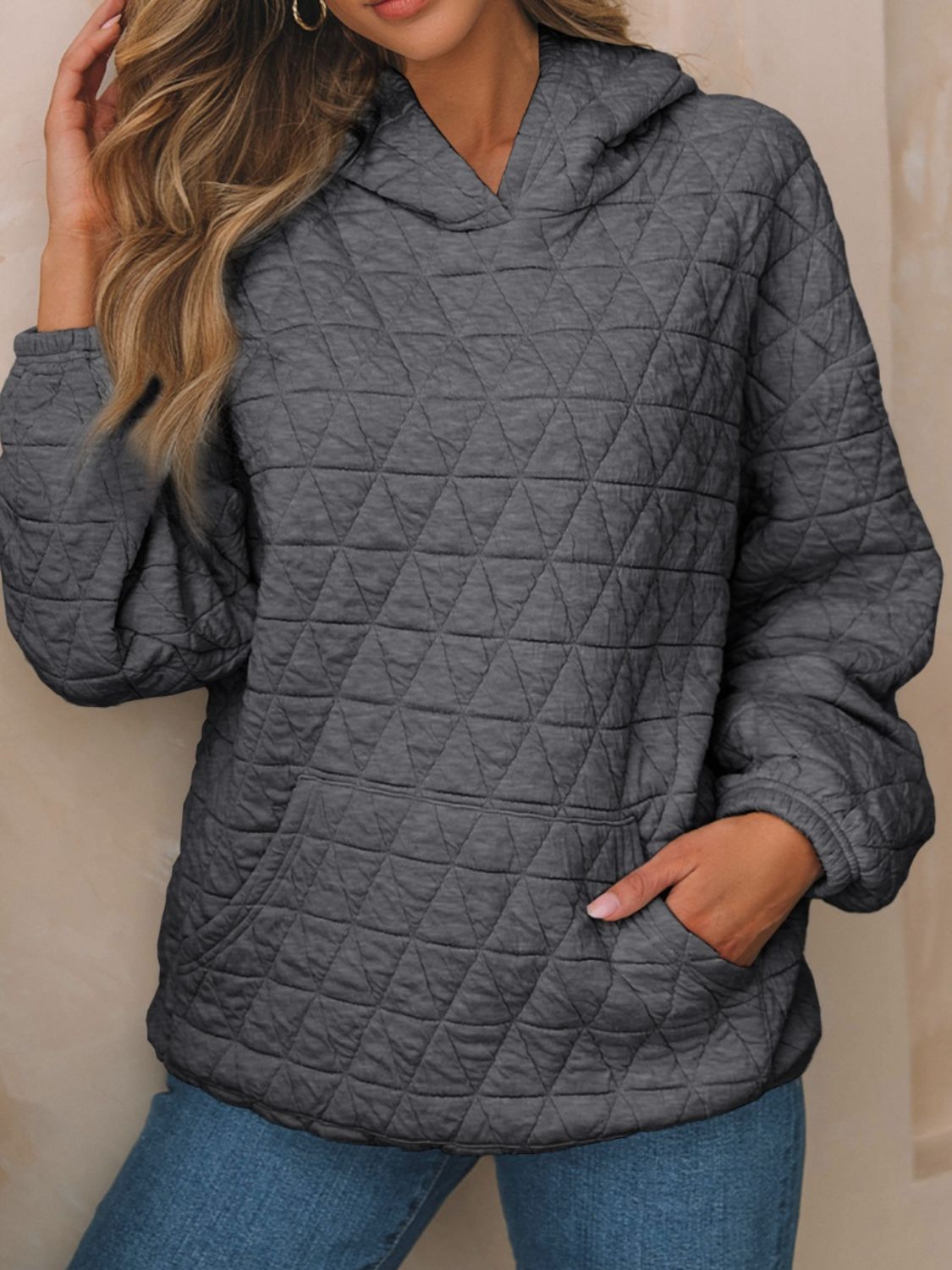 Textured Long Sleeve Hoodie with Pockets-TOPS / DRESSES-[Adult]-[Female]-Dark Gray-S-2022 Online Blue Zone Planet