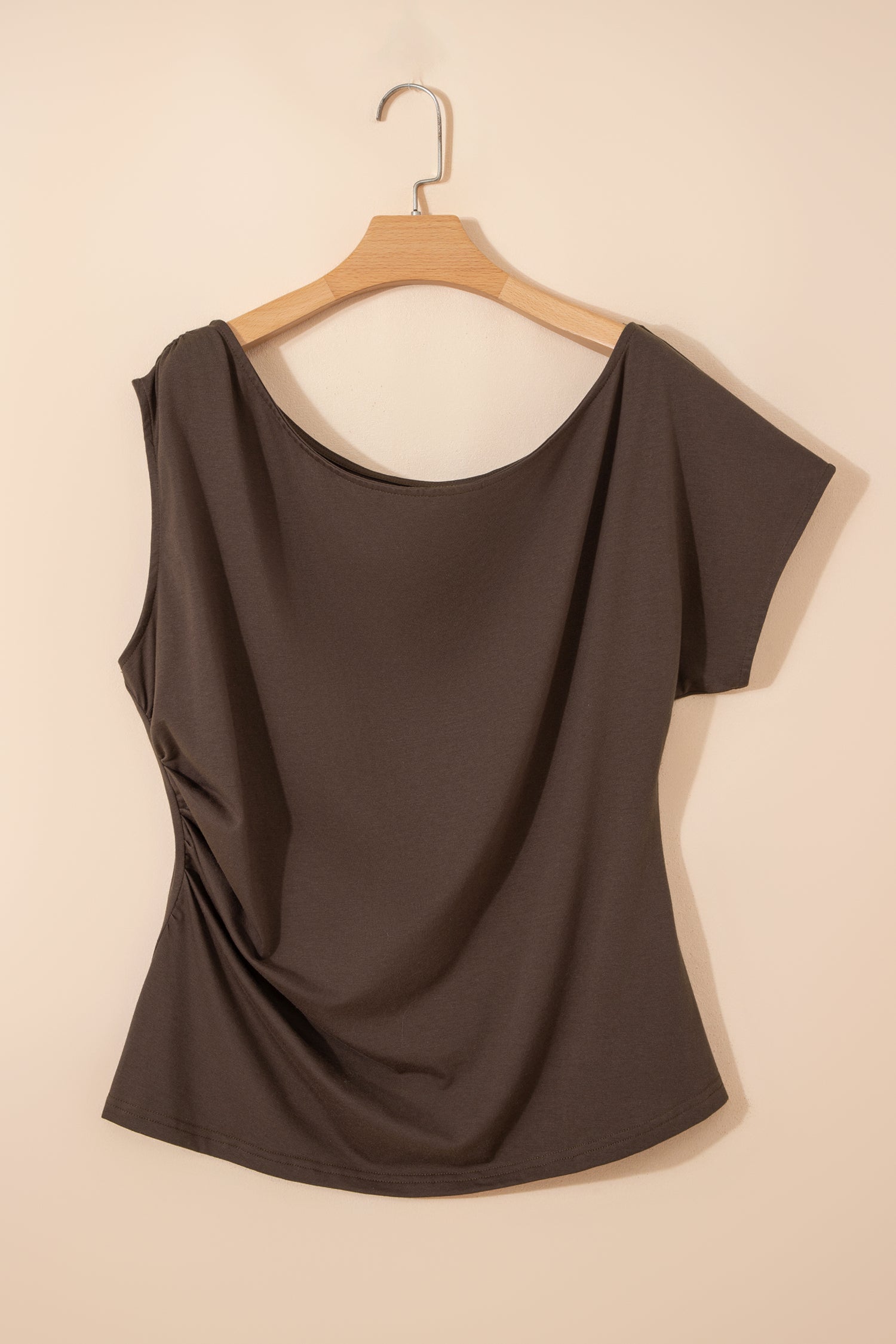 Coffee Plus Size Solid Color Asymmetric Neck Short Sleeve Blouse-Plus Size/Plus Size Tops/Plus Size Tops & Tees-[Adult]-[Female]-2022 Online Blue Zone Planet