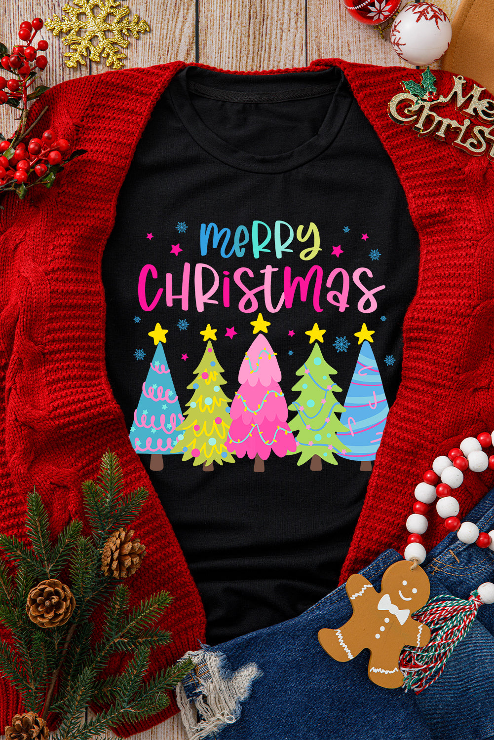 Blue Zone Planet |  Black Merry Christmas Trees Print Crew Neck Loose T Shirt