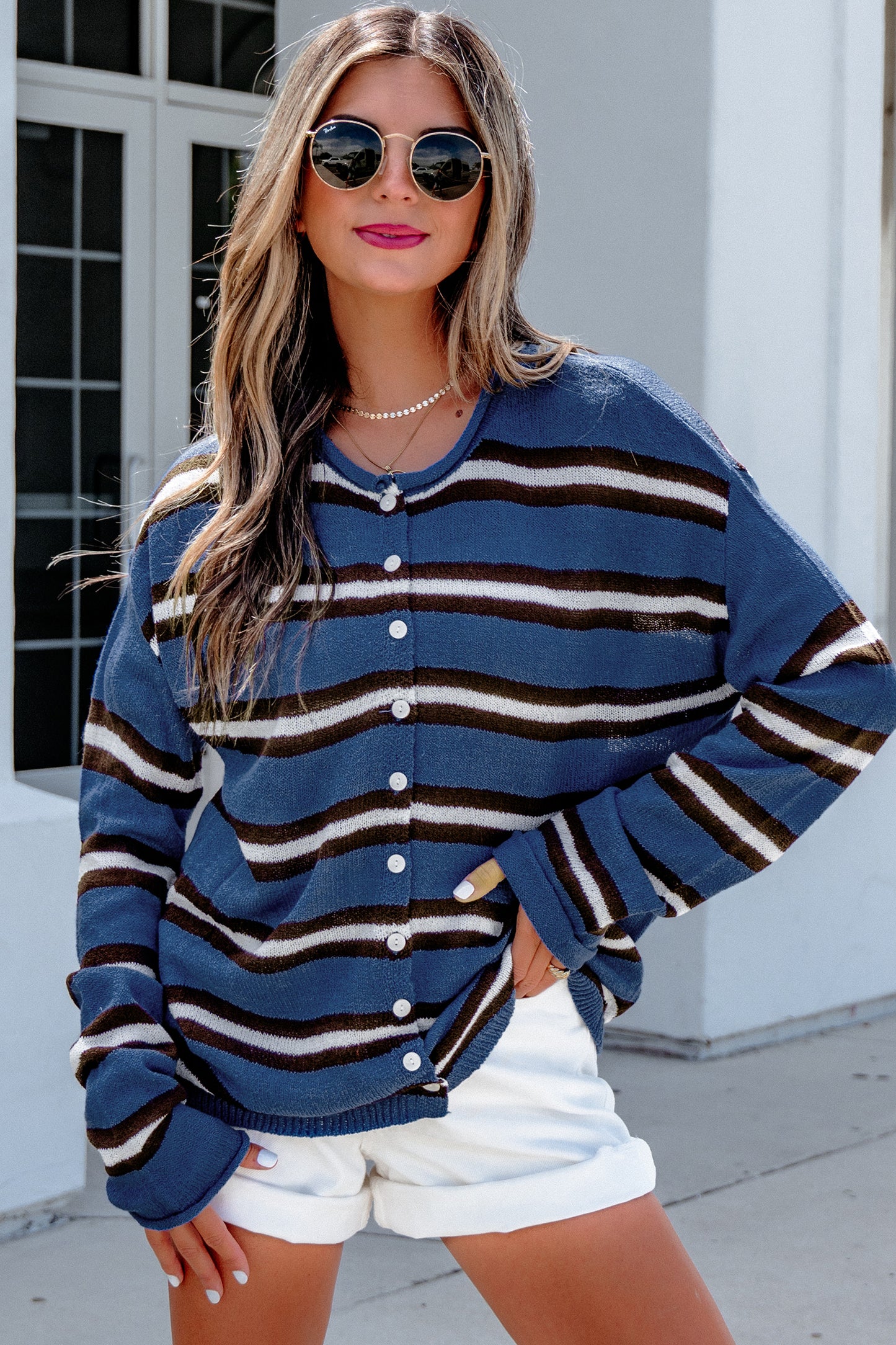 Blue Stripe Striped Drop Shoulder Button Cardigan