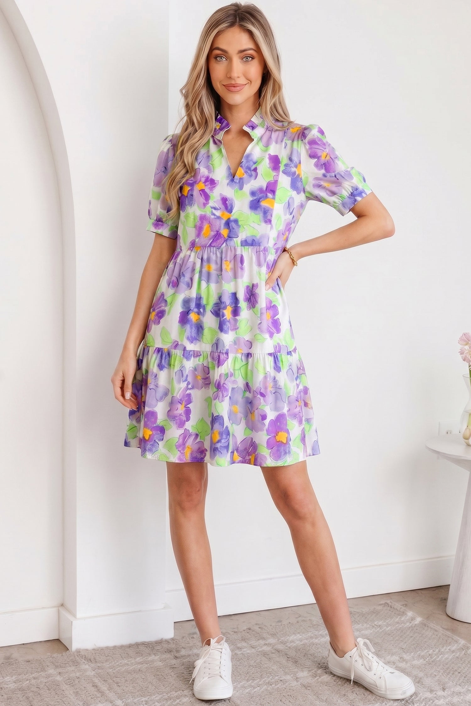 Purple Floral V Collar Short Sleeve Tiered Ruffle Mini Dress-TOPS / DRESSES-[Adult]-[Female]-2022 Online Blue Zone Planet