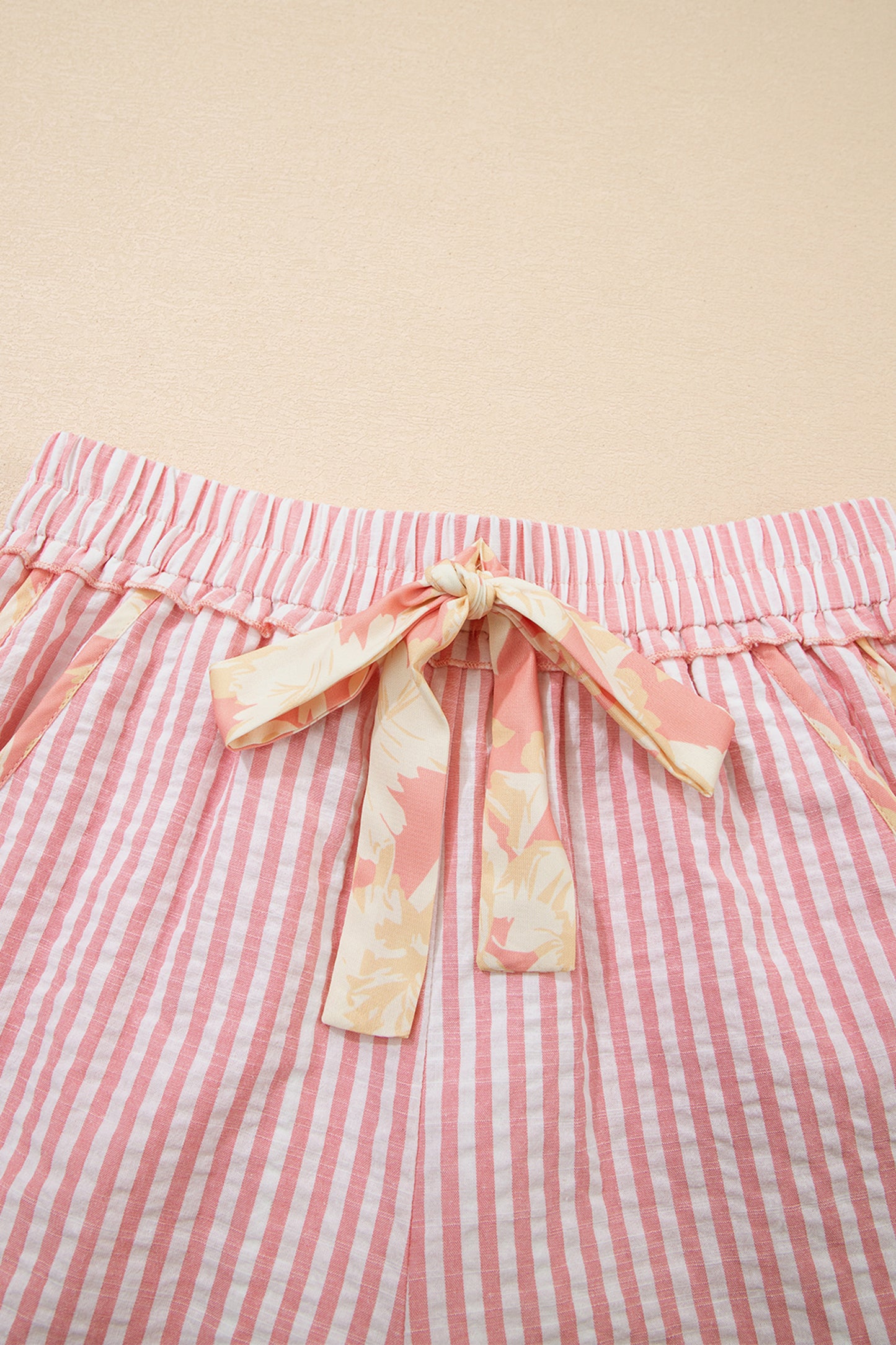 Light Pink Floral Trim Ribbon Knot Striped Casual Shorts-Bottoms/Casual Shorts-[Adult]-[Female]-2022 Online Blue Zone Planet