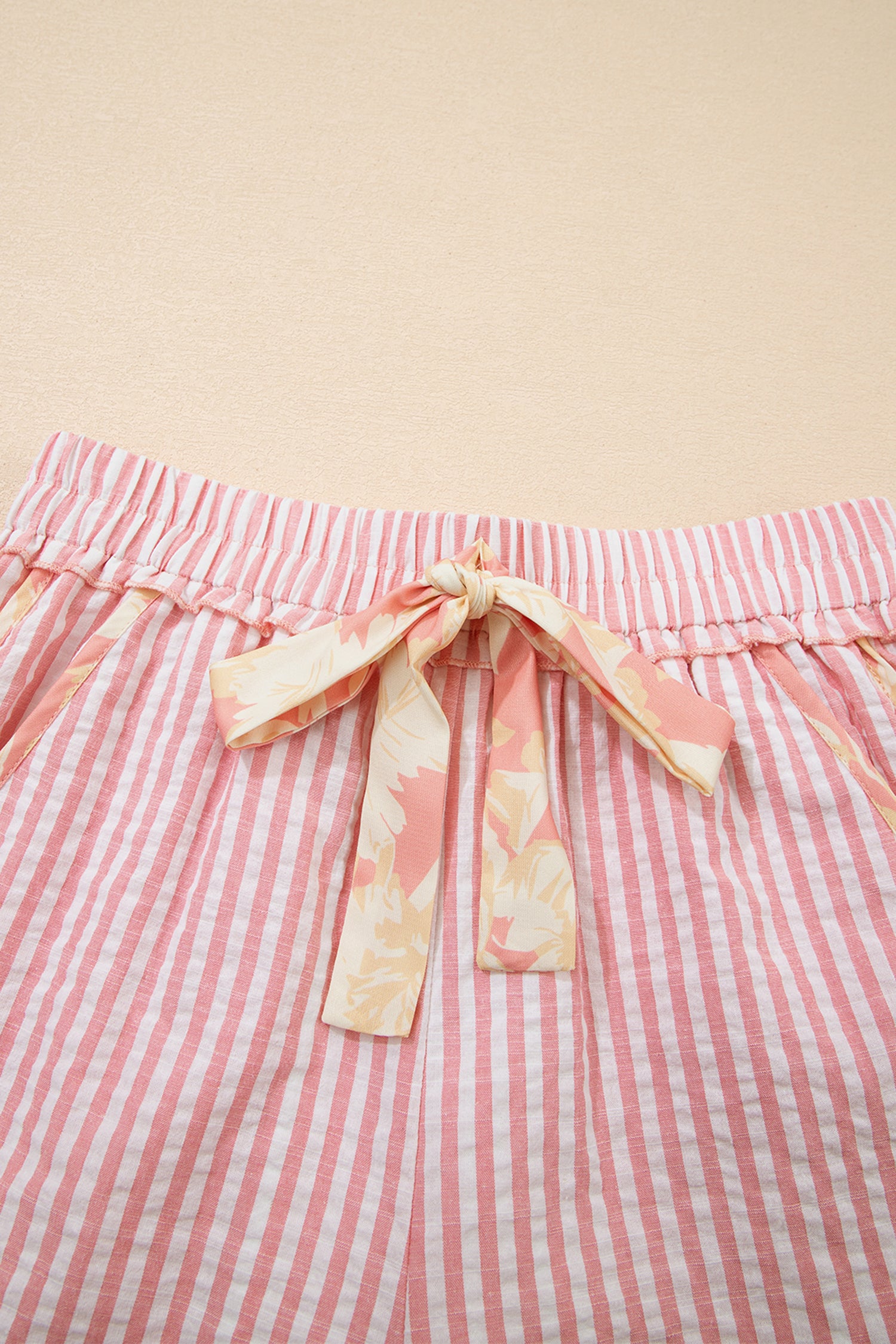 Light Pink Floral Trim Ribbon Knot Striped Casual Shorts-Bottoms/Casual Shorts-[Adult]-[Female]-2022 Online Blue Zone Planet