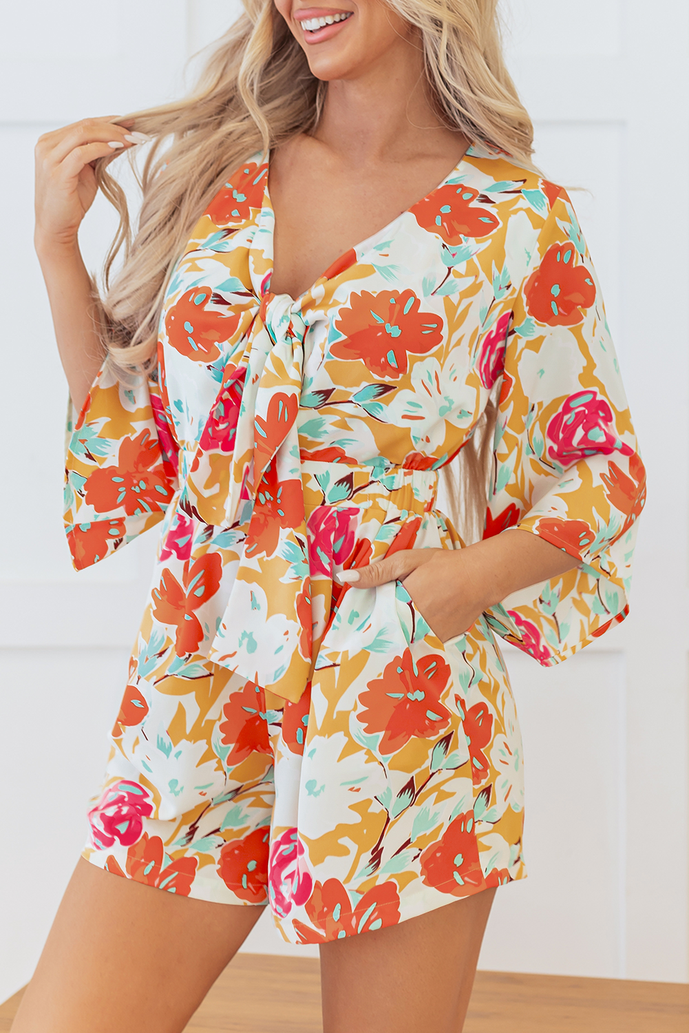 Blue Zone Planet | Orange Blooming Floral Print Front Tie Romper-Bottoms/Jumpsuits & Rompers-[Adult]-[Female]-2022 Online Blue Zone Planet