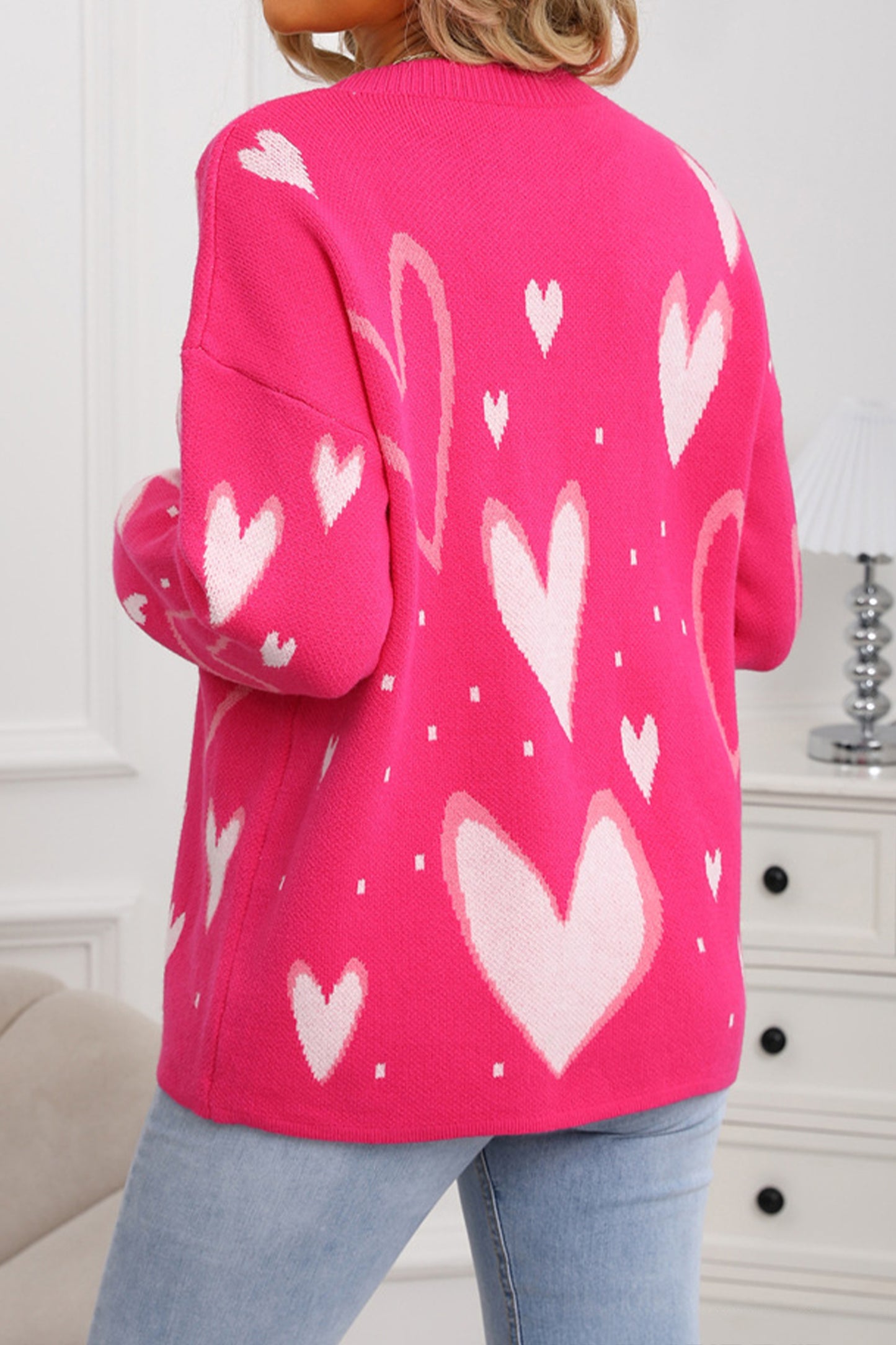 Rose Red Splendid Heart Print Valentines Day Sweater-TOPS / DRESSES-[Adult]-[Female]-2022 Online Blue Zone Planet