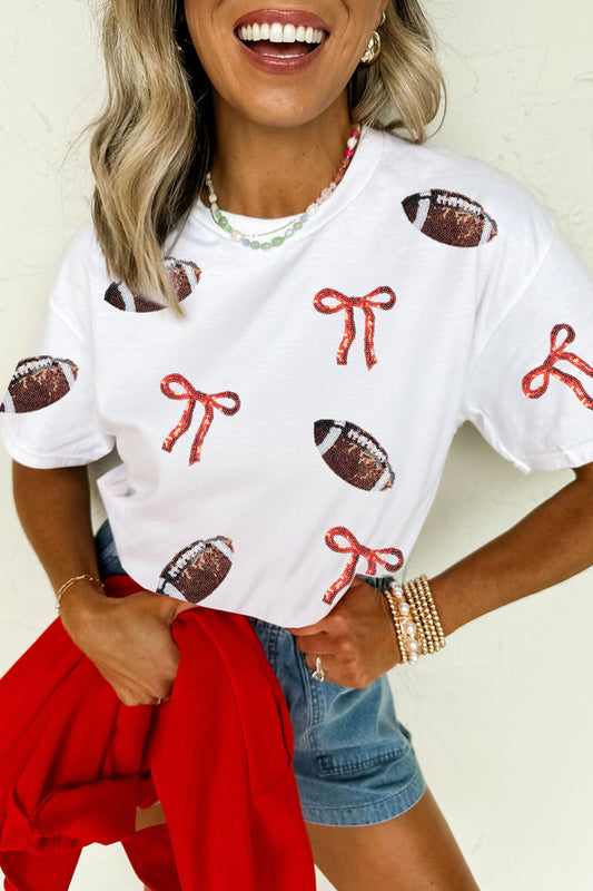 White Sequin Rugby Bow Print Round Neck Casual Shift Tee-Graphic/Graphic Tees-[Adult]-[Female]-White-S-2022 Online Blue Zone Planet