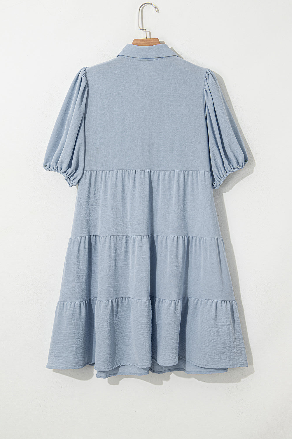 Beau Blue Shirt Collar Button Up Short Puff Sleeve Tiered Shift Dress-TOPS / DRESSES-[Adult]-[Female]-2022 Online Blue Zone Planet