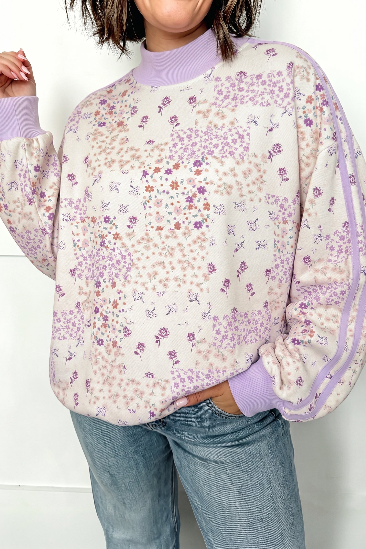 Purple Floral Print High Neck Colorblock Sleeve Paneling Sweatshirt-Tops/Sweatshirts & Hoodies-[Adult]-[Female]-Purple-S-2022 Online Blue Zone Planet