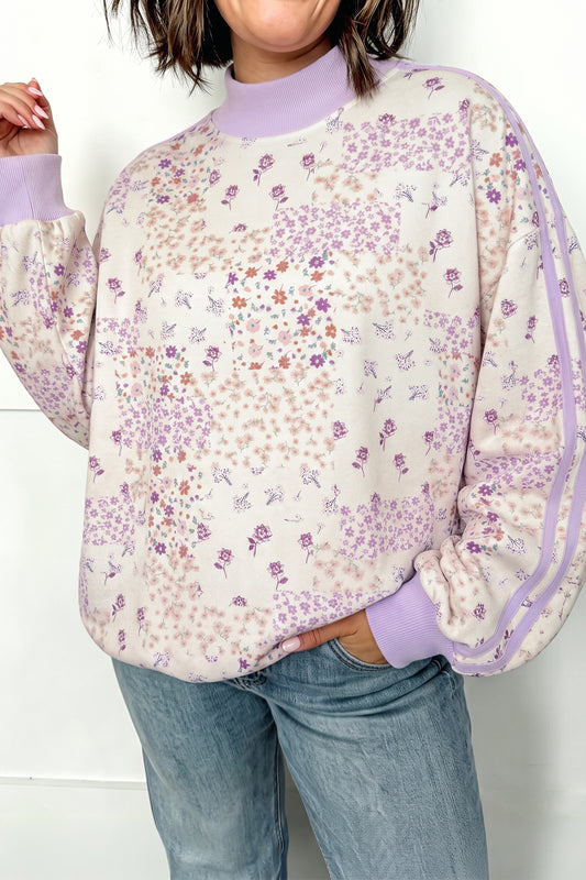 Purple Floral Print High Neck Colorblock Sleeve Paneling Sweatshirt-Tops/Sweatshirts & Hoodies-[Adult]-[Female]-Purple-S-2022 Online Blue Zone Planet