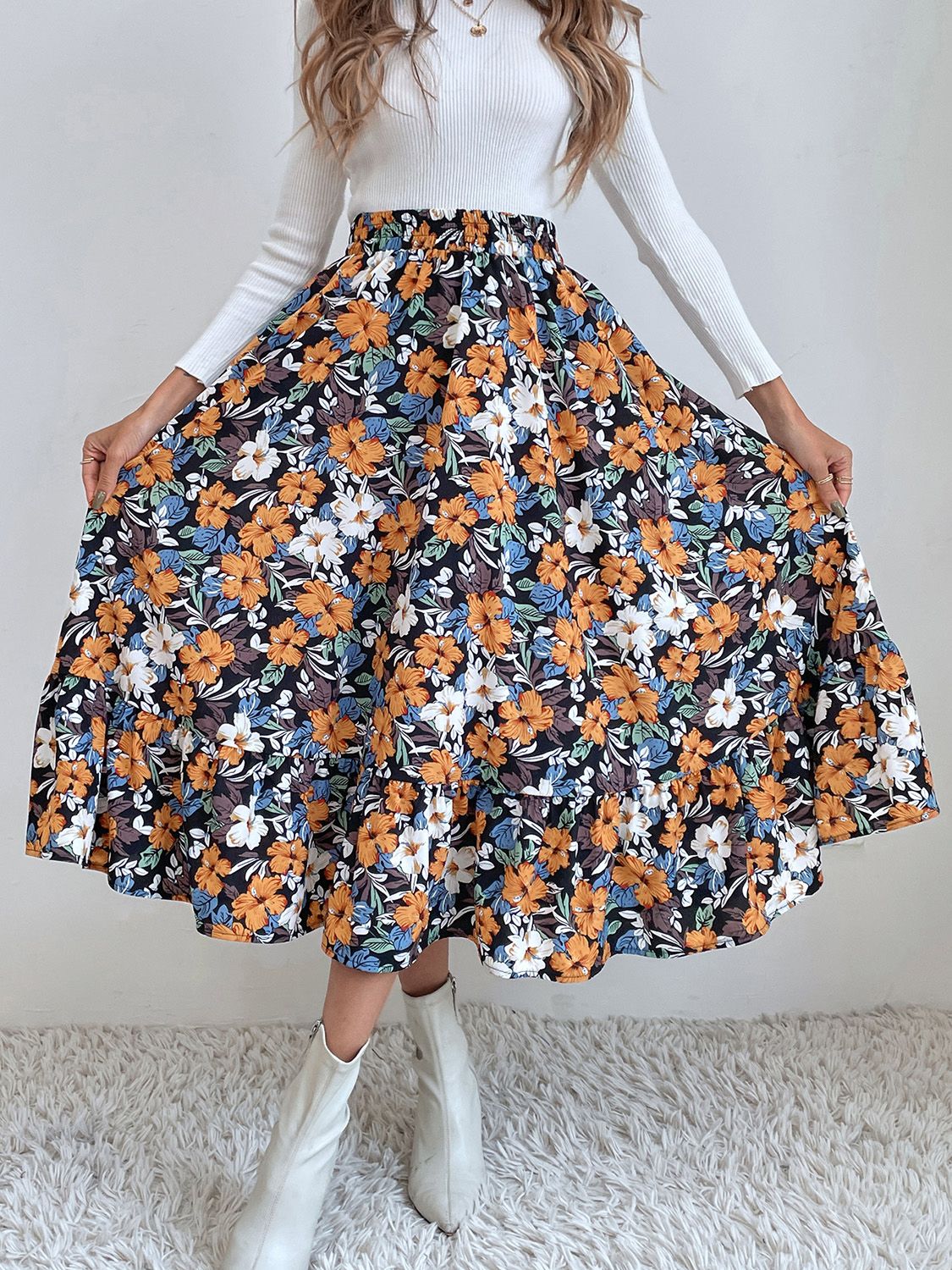 Printed Elastic Waist Midi Skirt-BOTTOM SIZES SMALL MEDIUM LARGE-[Adult]-[Female]-Sherbet-S-2022 Online Blue Zone Planet