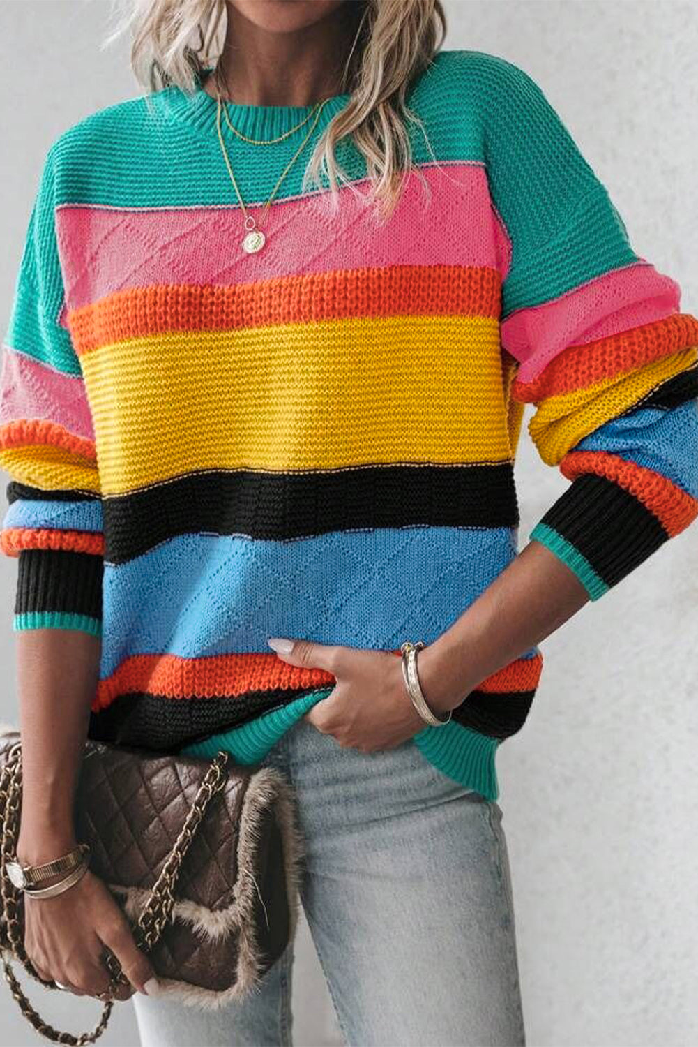 Light Blue Colorblock Mixed Textured Drop Shoulder Sweater-Sweaters & Cardigans/Sweaters-[Adult]-[Female]-Yellow-S-2022 Online Blue Zone Planet