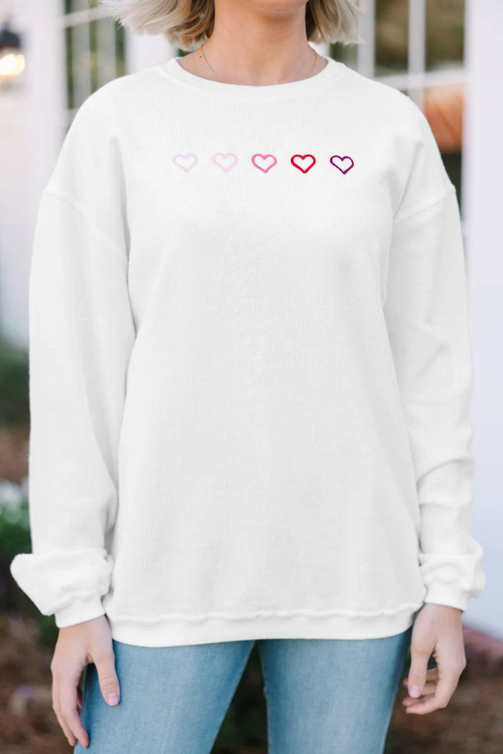 Pink 3d Ribbed XOXO Heart Embroidered Drop Shoulder Sweatshirt-Sweatshirts & Hoodies-[Adult]-[Female]-2022 Online Blue Zone Planet