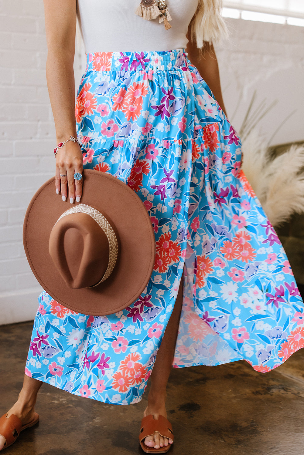 Sky Blue Floral Printed High Waist Split Wrap Long Skirt-Bottoms/Skirts & Petticoat-[Adult]-[Female]-2022 Online Blue Zone Planet