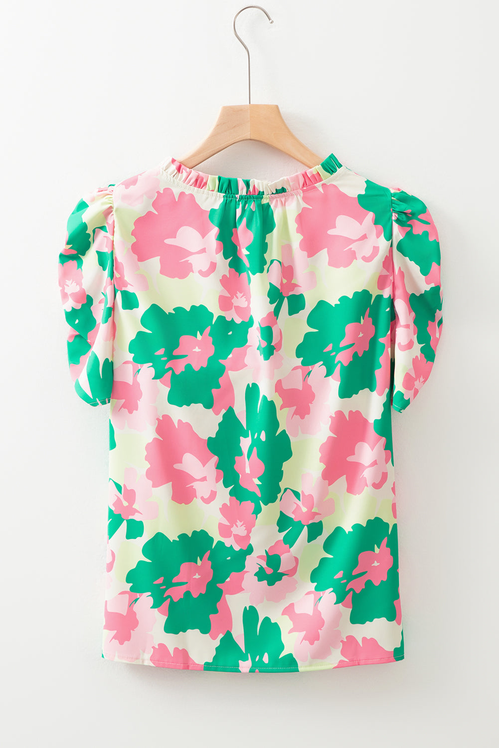 Green Abstract Print Frilly Neck Ruched Short Sleeve Blouse-Tops/Blouses & Shirts-[Adult]-[Female]-2022 Online Blue Zone Planet