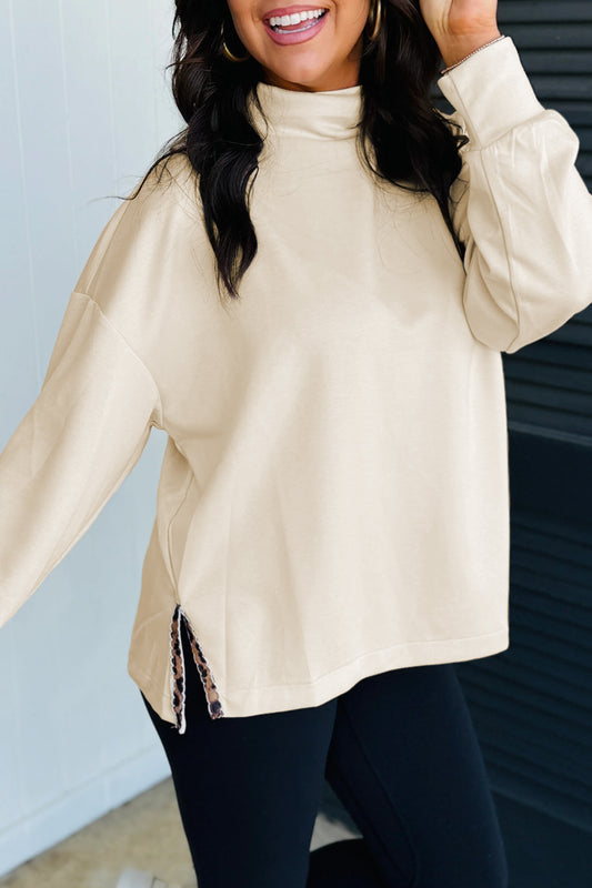 Beige Mock Neck Long Sleeve Leopard Detail Split Hem Top-Tops/Long Sleeve Tops-[Adult]-[Female]-Beige-S-2022 Online Blue Zone Planet