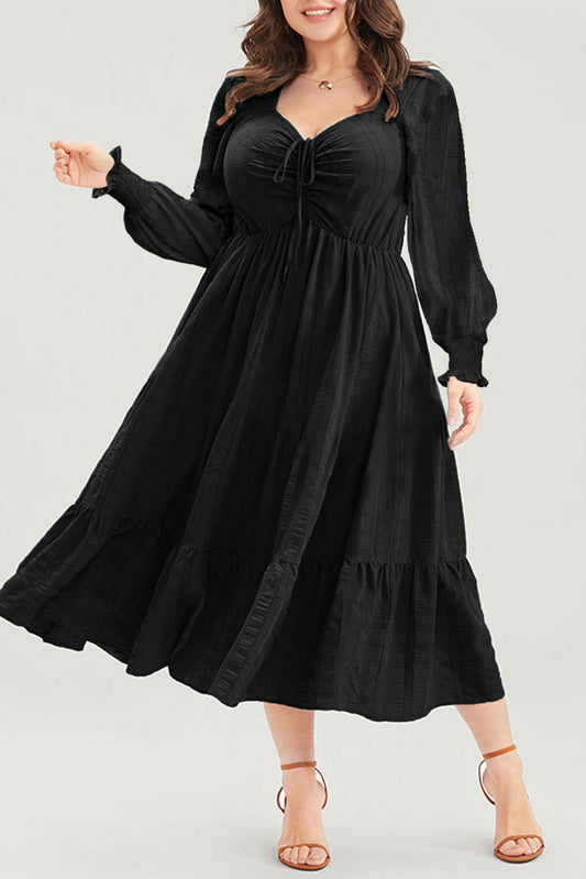 Black Lace-up Ruched Front Long Sleeve Ruffle Hem Plus Size Midi Dress-TOPS / DRESSES-[Adult]-[Female]-2022 Online Blue Zone Planet