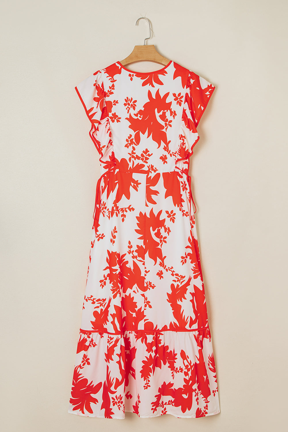 Red Floral Print Trimmed V Neck Ruffle Sleeve Maxi Dress-Maxi Dresses-[Adult]-[Female]-2022 Online Blue Zone Planet