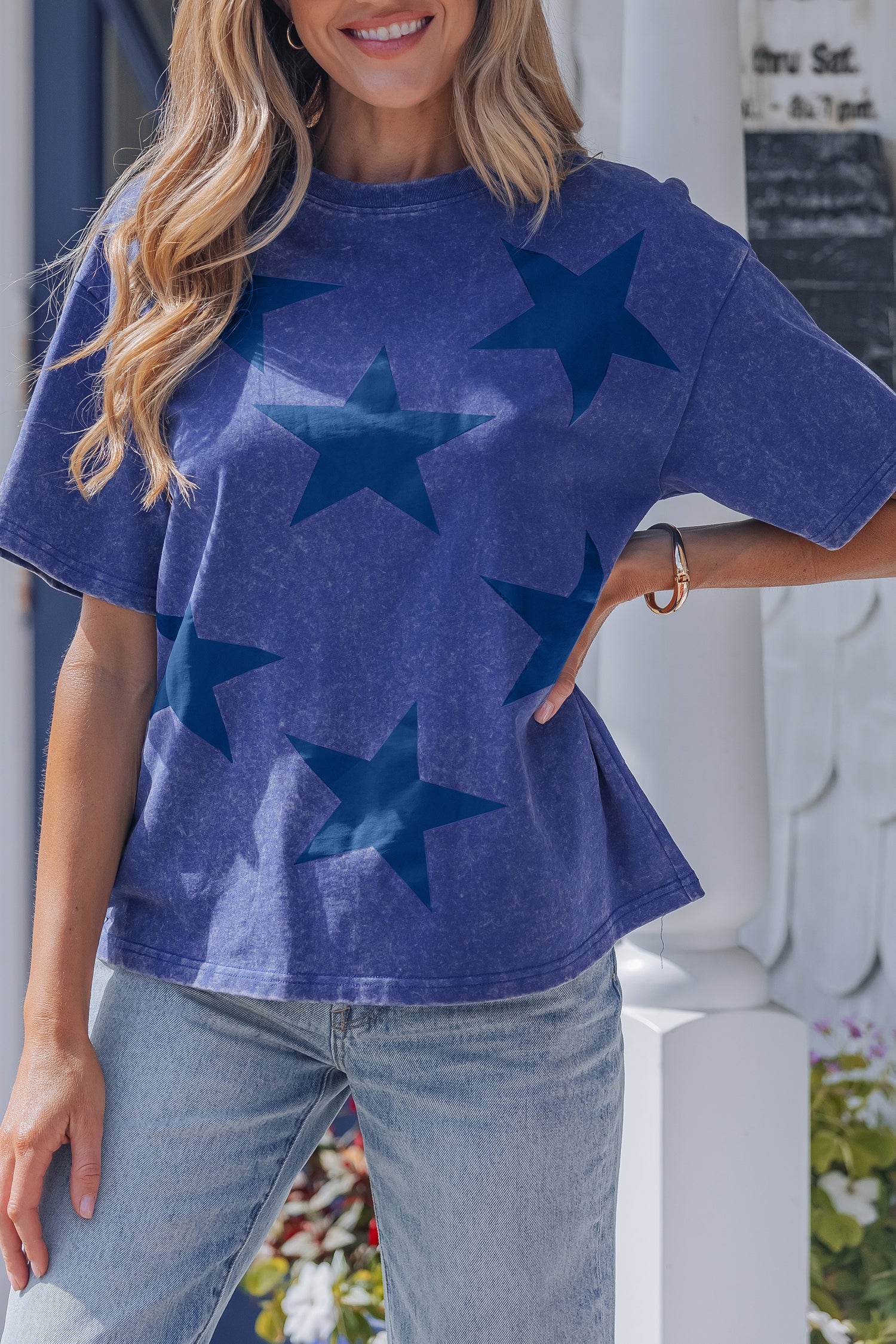 Blue Independence Day Star Printed Mineral Wash T Shirt-Tops/Tops & Tees-[Adult]-[Female]-2022 Online Blue Zone Planet