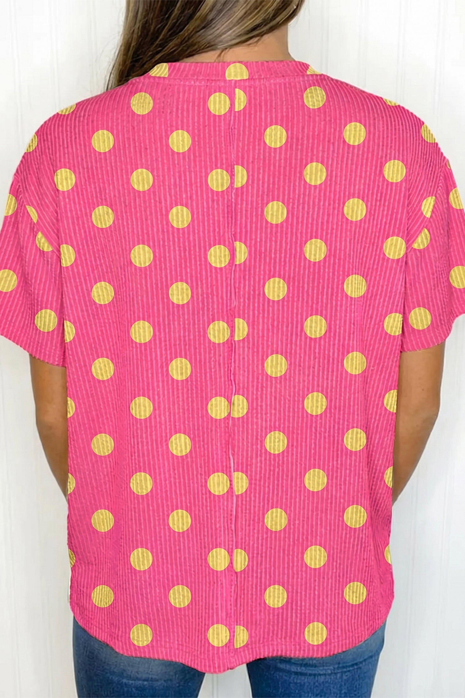 Pink Polka Dot Round Neck Drop Shoulder Patch Pocket Jacquard Texture Top-Tops/Tops & Tees-[Adult]-[Female]-2022 Online Blue Zone Planet