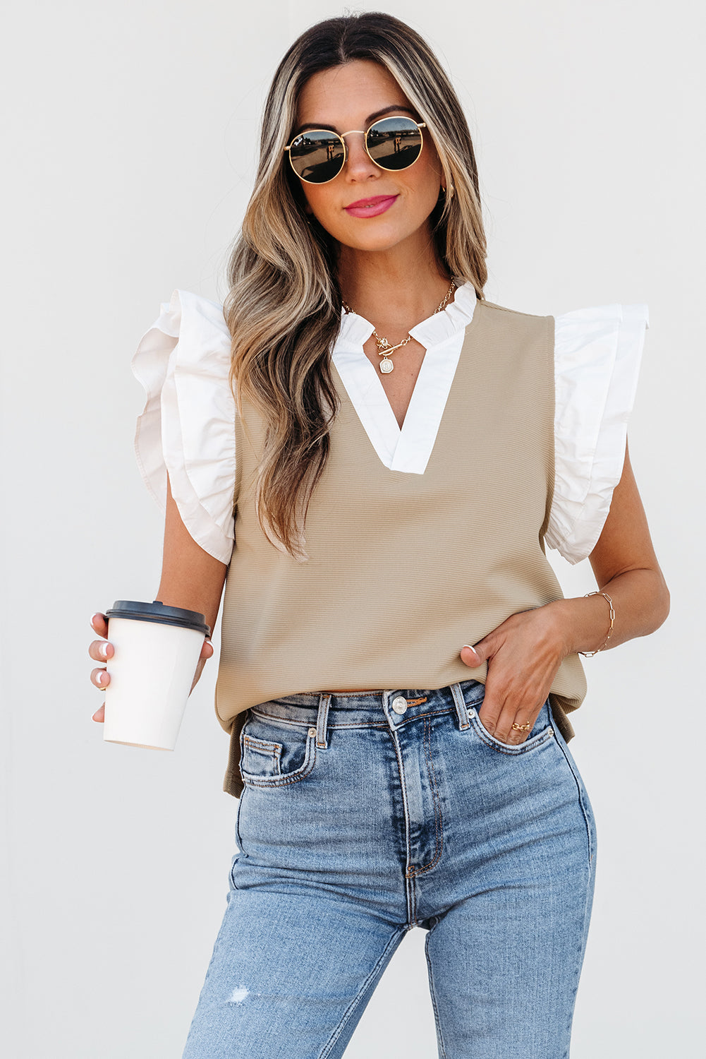 Pale Khaki Contrast V Neck Ruffled Textured Knit Top-Tops/Blouses & Shirts-[Adult]-[Female]-2022 Online Blue Zone Planet