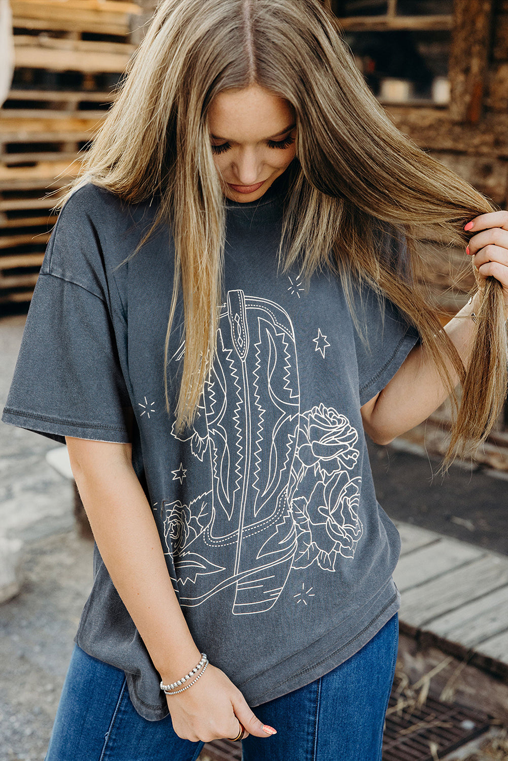 High-Rise Western Cowboy Boots Graphic Tee-Tops/Tops & Tees-[Adult]-[Female]-2022 Online Blue Zone Planet