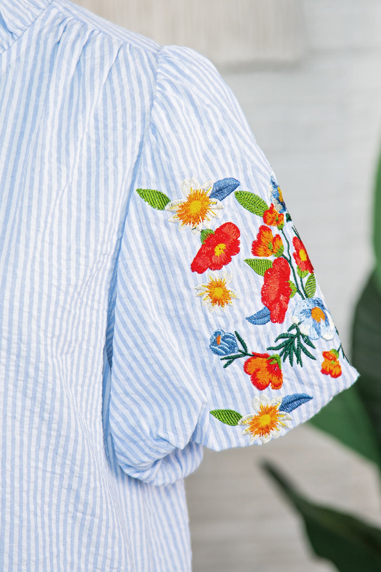 Sky Blue Stripe Floral Embroidered Puff Sleeve Ruffle Trim Shirt-Tops/Blouses & Shirts-[Adult]-[Female]-2022 Online Blue Zone Planet