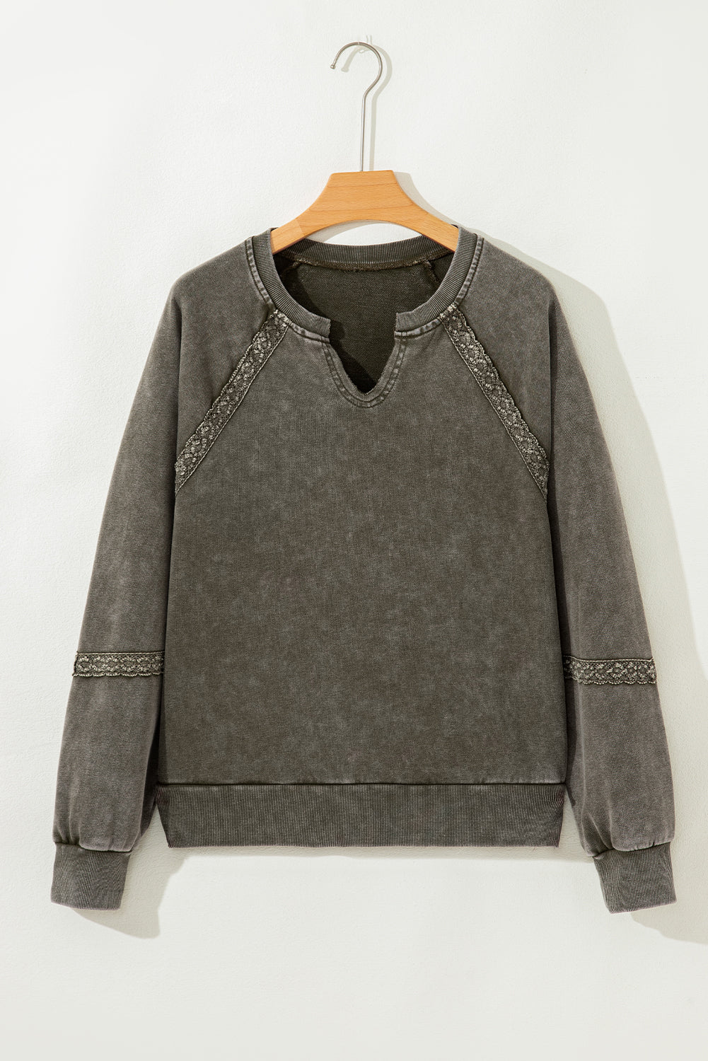 Jungle Green Lace Patchwork Detail Notched Neck Mineral Wash Baggy Sweatshirt-Tops/Sweatshirts & Hoodies-[Adult]-[Female]-2022 Online Blue Zone Planet
