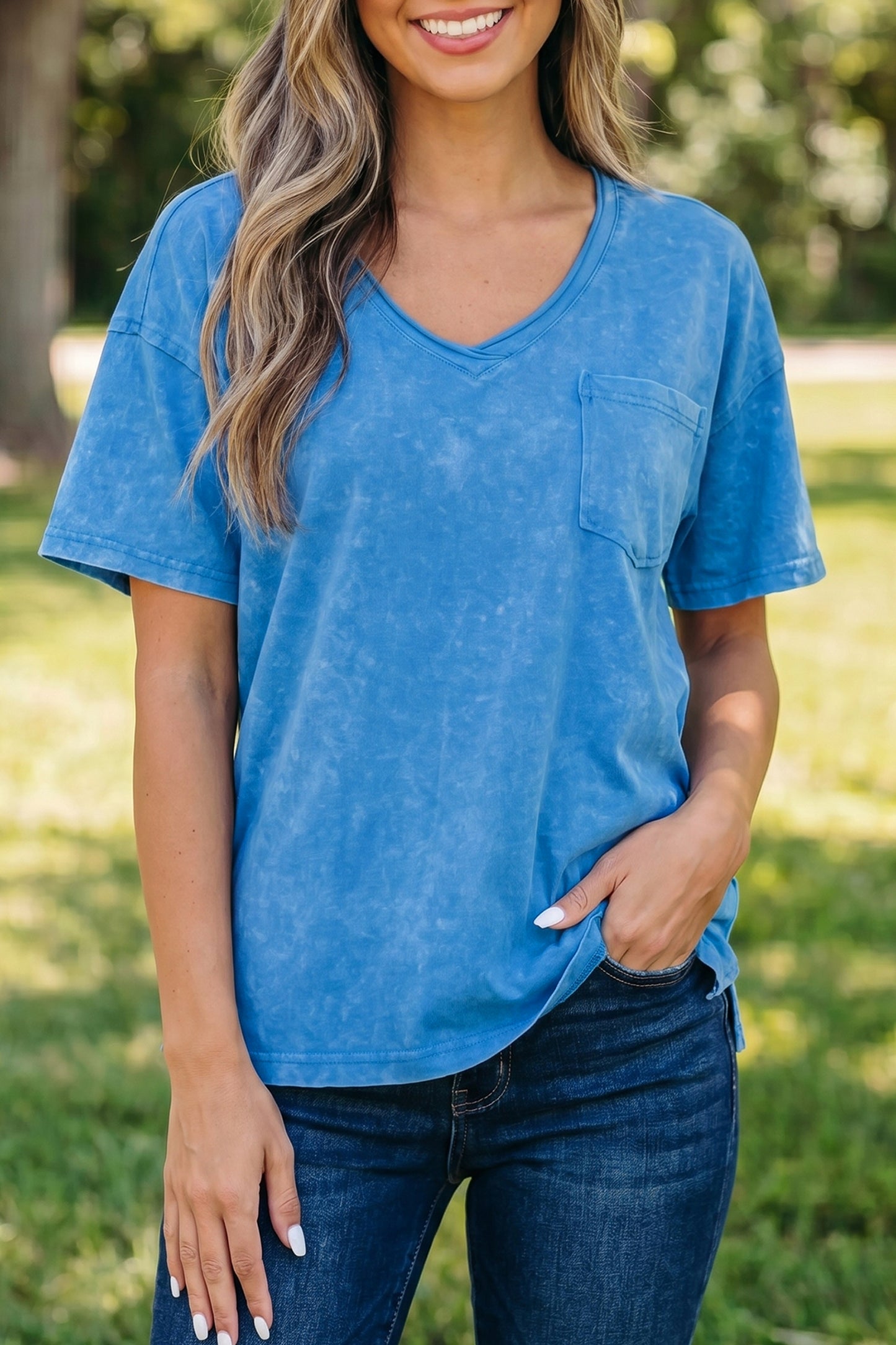 Blue Cotton Mineral Wash T Shirt-Tops/Tops & Tees-[Adult]-[Female]-2022 Online Blue Zone Planet
