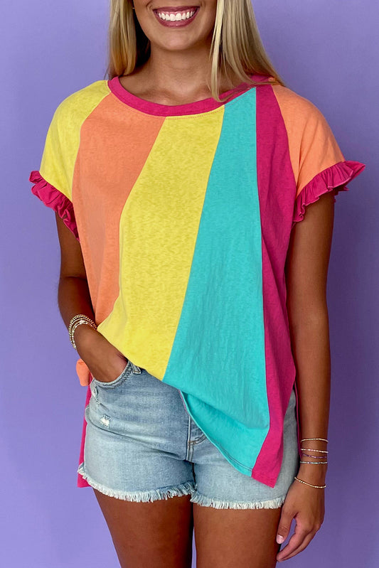 Rose Red Color Block Ruffled Crew Neck Loose Fit T Shirt-Tops/Tops & Tees-[Adult]-[Female]-Rose Red-S-2022 Online Blue Zone Planet