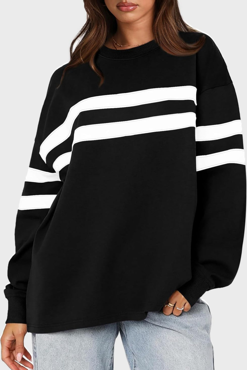 Lovelet Striped Round Neck Dropped Shoulder Sweatshirt-TOPS / DRESSES-[Adult]-[Female]-Black-S-2022 Online Blue Zone Planet