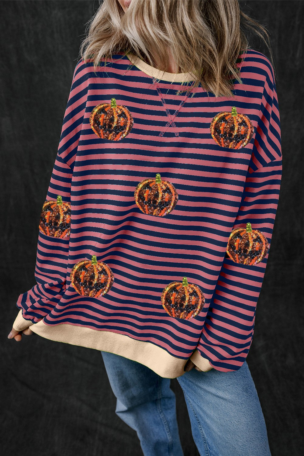 Pumpkin Striped Round Neck Long Sleeve Sweatshirt-TOPS / DRESSES-[Adult]-[Female]-Dusty Pink-S-2022 Online Blue Zone Planet