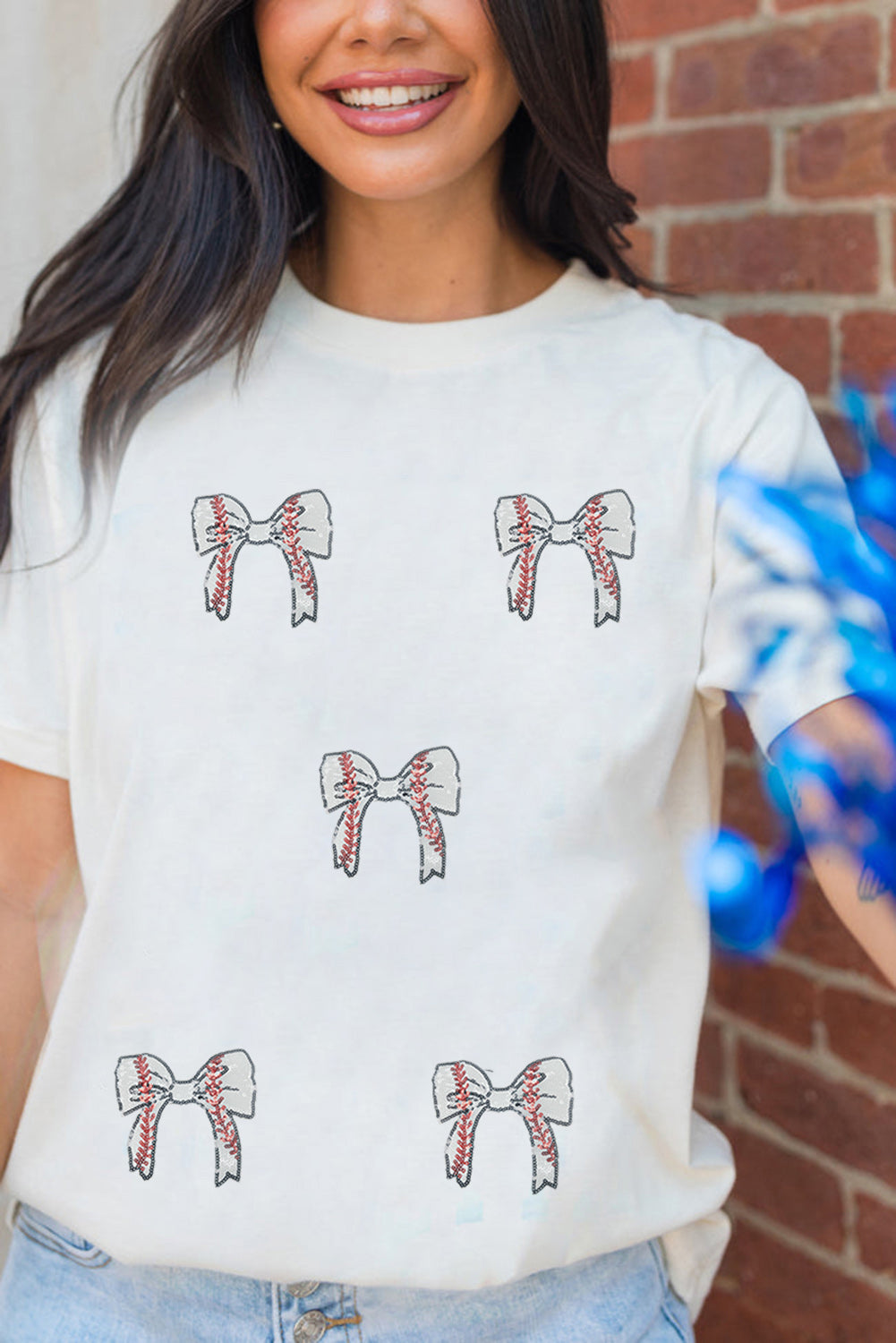 White Glitter Baseball Bow Patched Cotton Blend T Shirt-Graphic/Graphic Tees-[Adult]-[Female]-2022 Online Blue Zone Planet