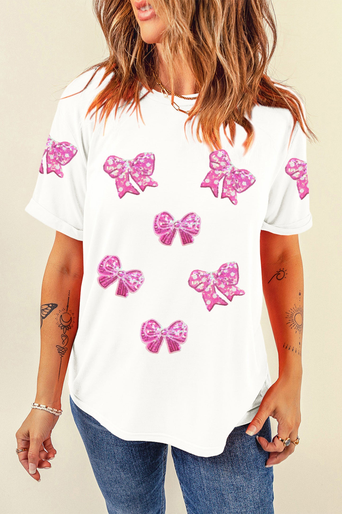 White Shimmering Bow Patched Pattern Valentine T Shirt-Graphic Tees-[Adult]-[Female]-2022 Online Blue Zone Planet
