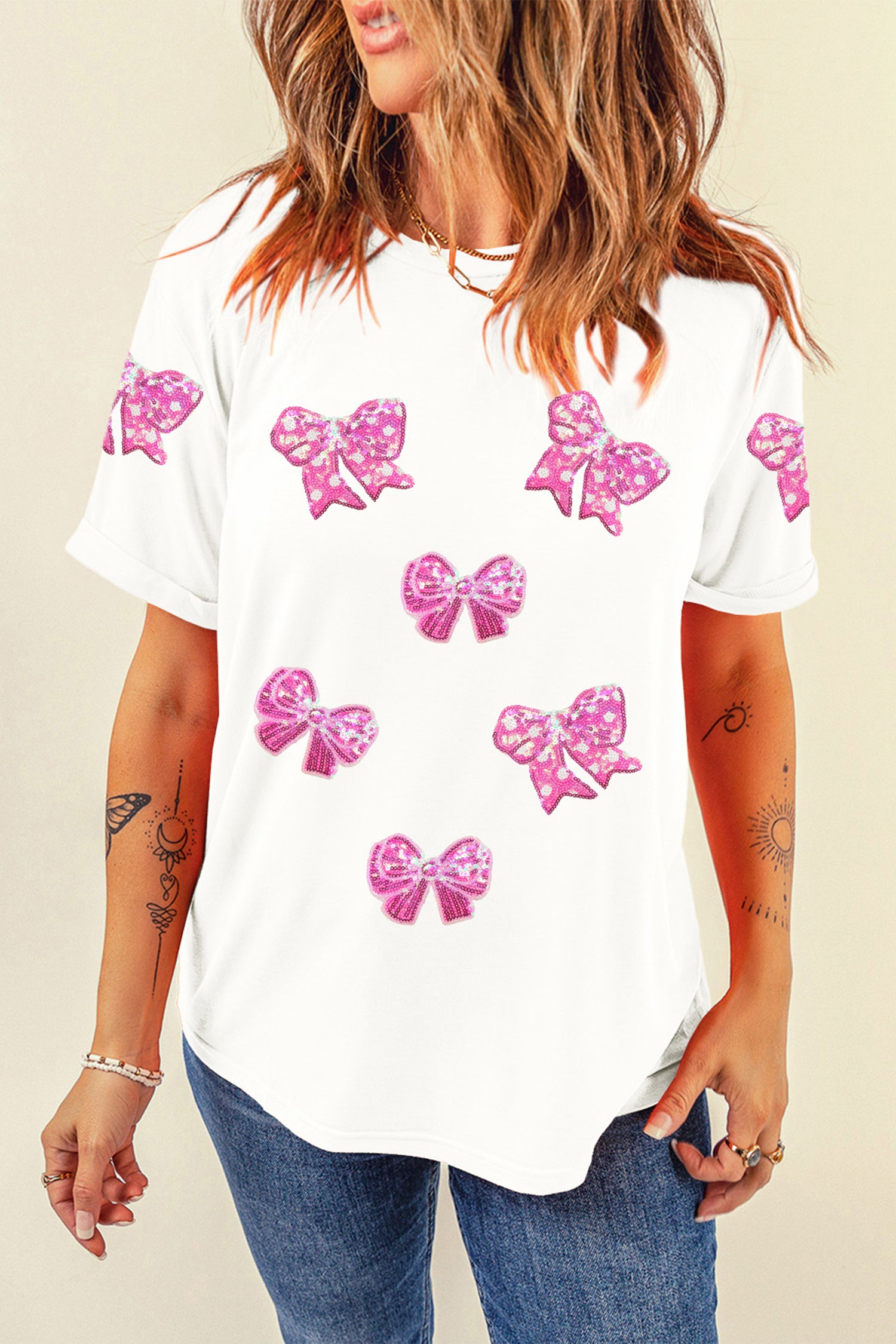 White Shimmering Bow Patched Pattern Valentine T Shirt-Graphic Tees-[Adult]-[Female]-2022 Online Blue Zone Planet