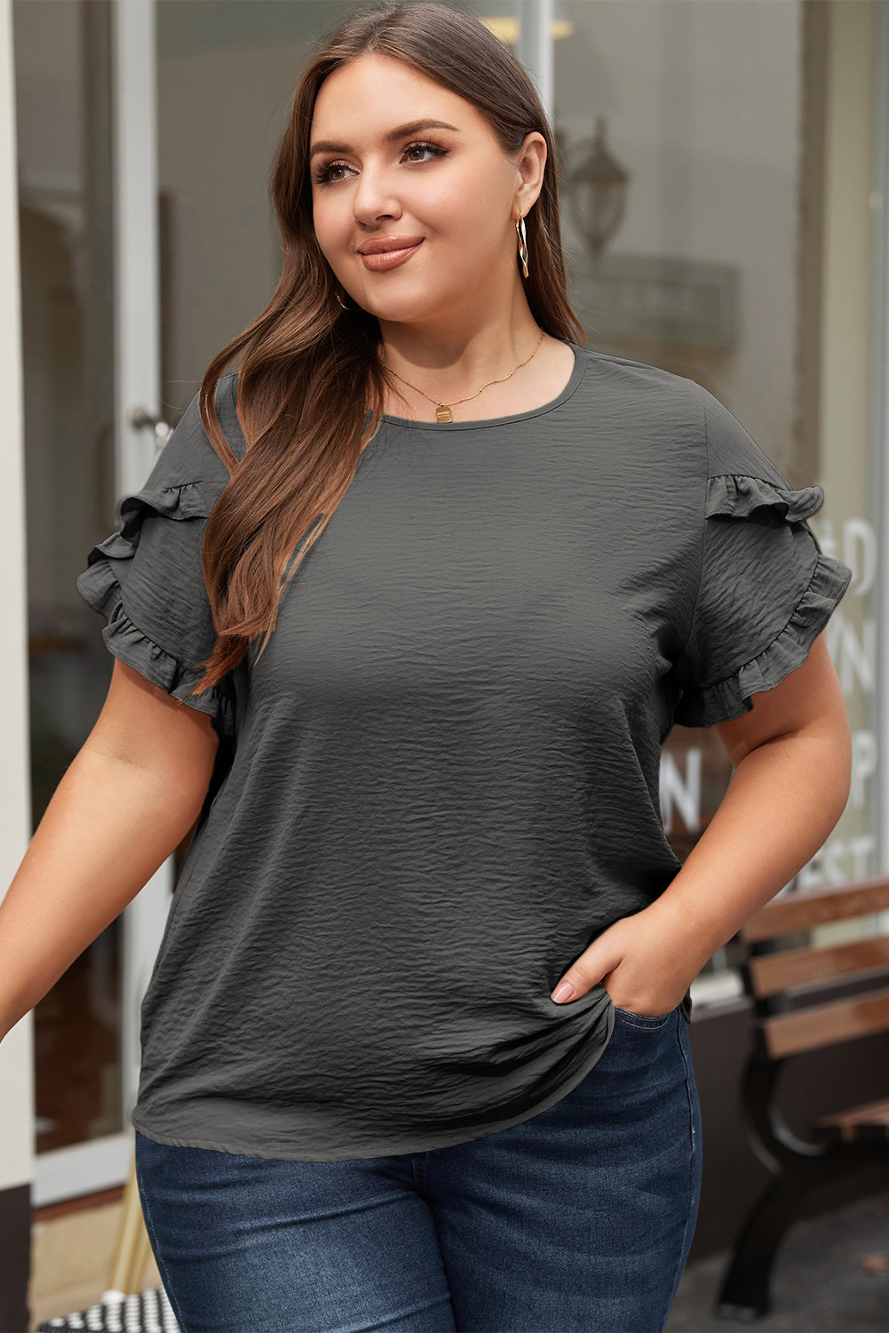 Bright Pink Ruffled Short Sleeve Plus Size Top-Plus Size/Plus Size Tops/Plus Size Tops & Tees-[Adult]-[Female]-2022 Online Blue Zone Planet