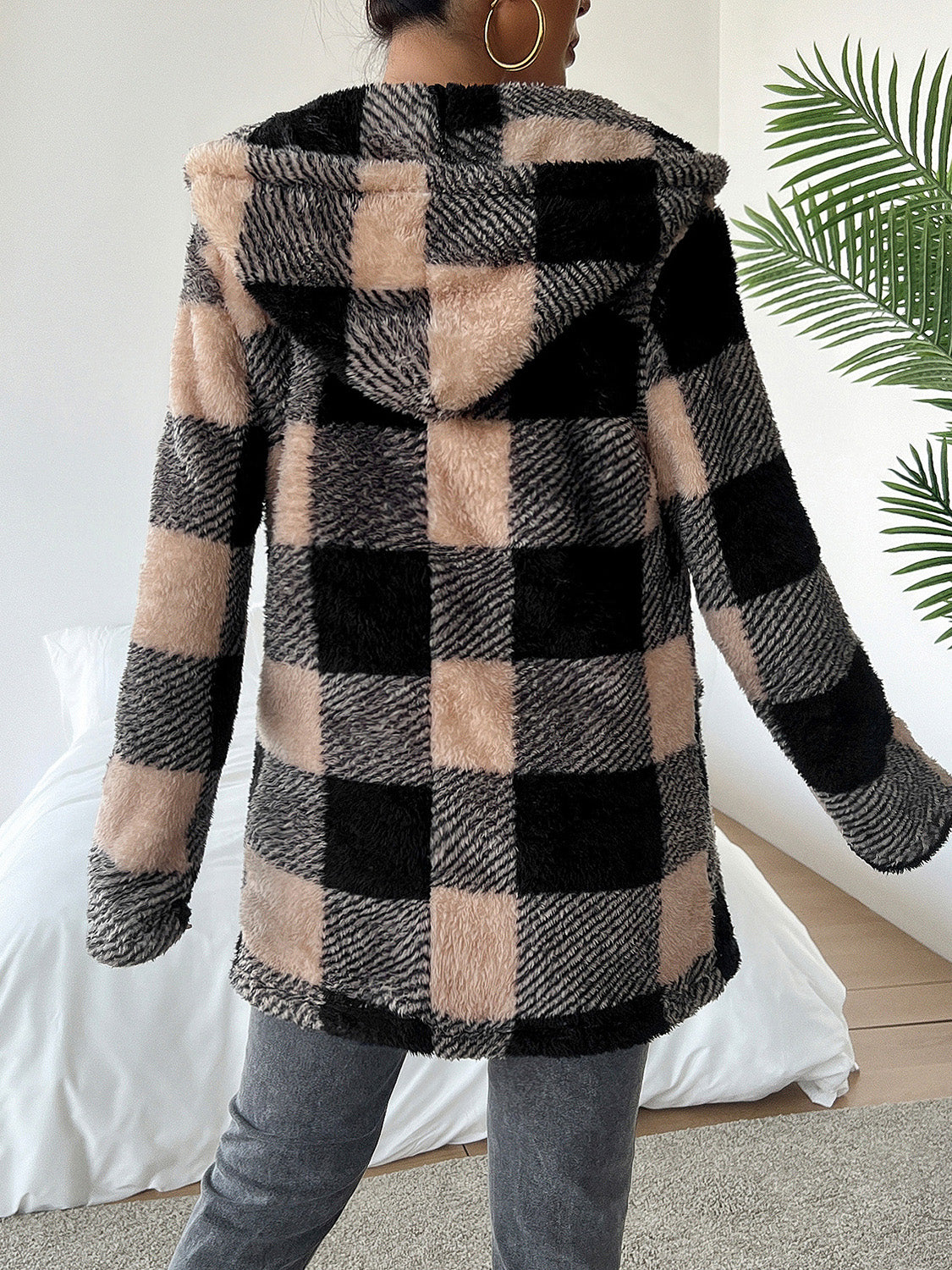 Devine Fuzzy Plaid Open Front Hooded Jacket-TOPS / DRESSES-[Adult]-[Female]-2022 Online Blue Zone Planet