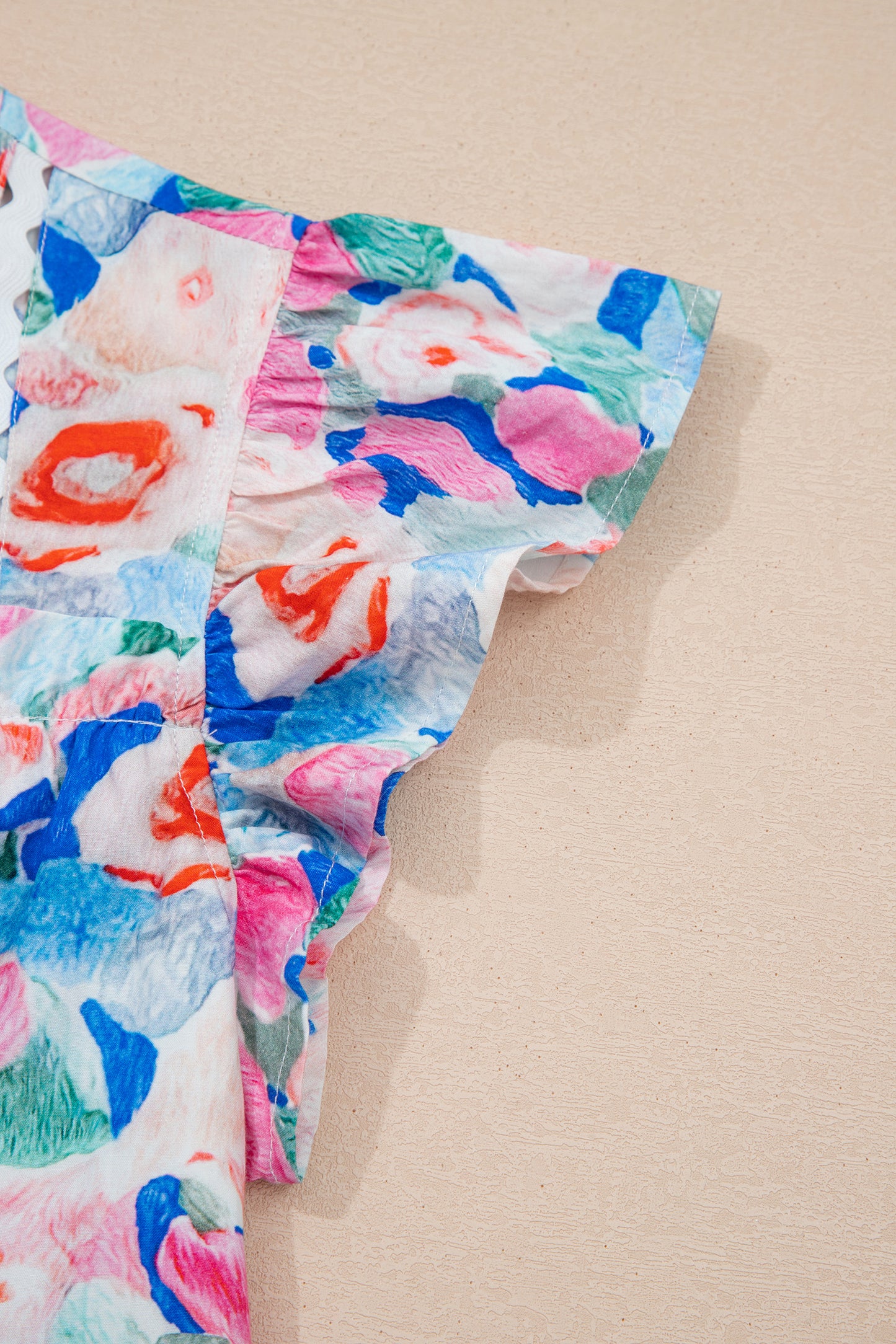 Pink Floral Print Tie V Neck Contrast Detail Ruffle Short Sleeve Blouse-Tops/Blouses & Shirts-[Adult]-[Female]-2022 Online Blue Zone Planet