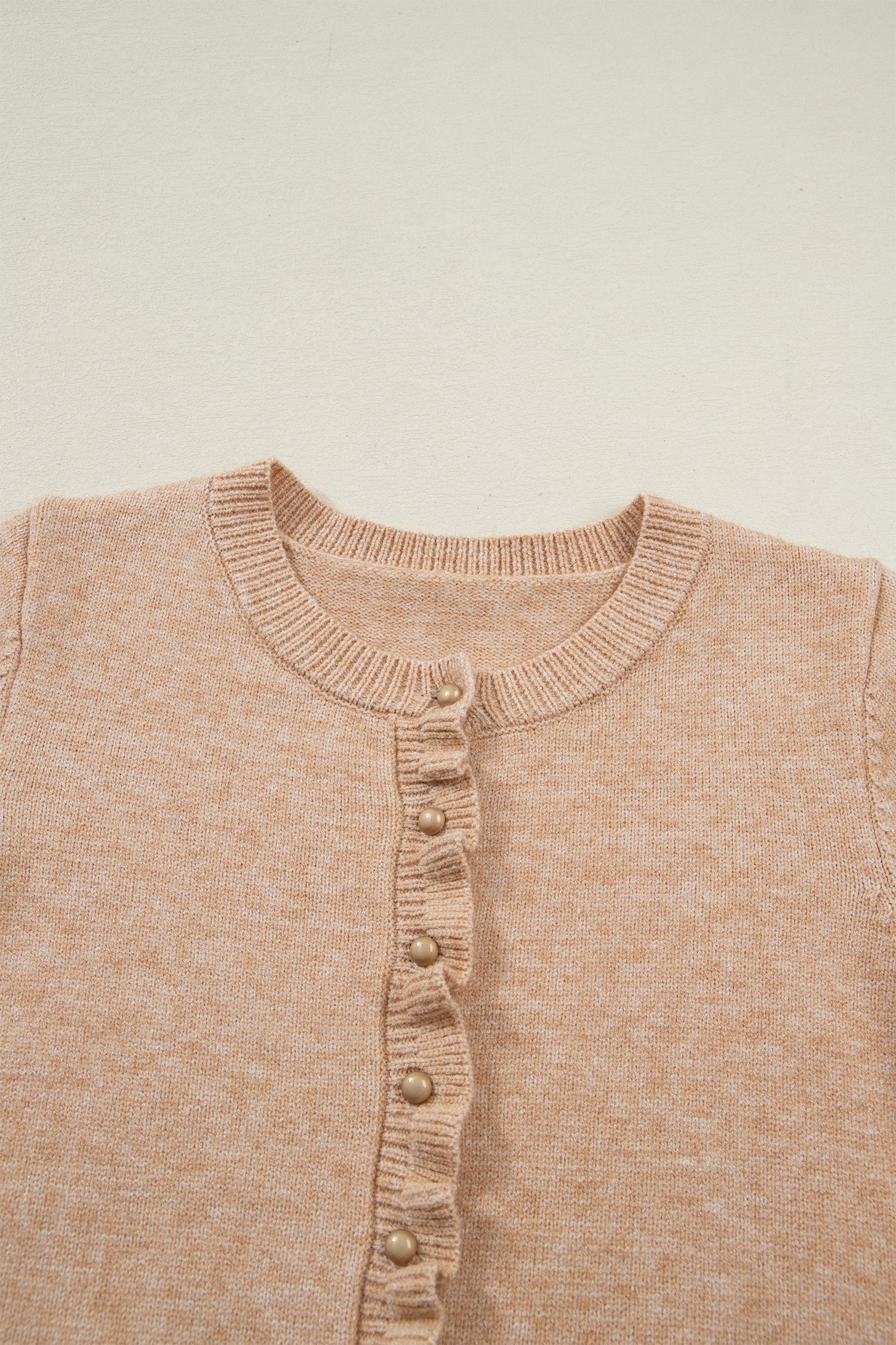 Oatmeal Ruffle Trim Gold Button Sweater Cardigan-Sweaters & Cardigans/Cardigans-[Adult]-[Female]-2022 Online Blue Zone Planet