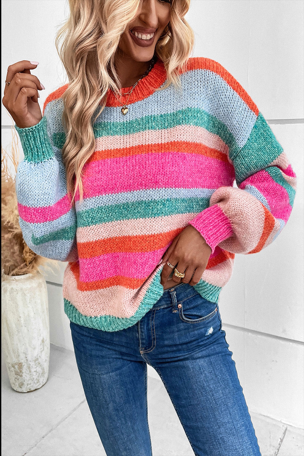 Multicolor Striped Knit Drop Shoulder Puff Sleeve Sweater-TOPS / DRESSES-[Adult]-[Female]-2022 Online Blue Zone Planet