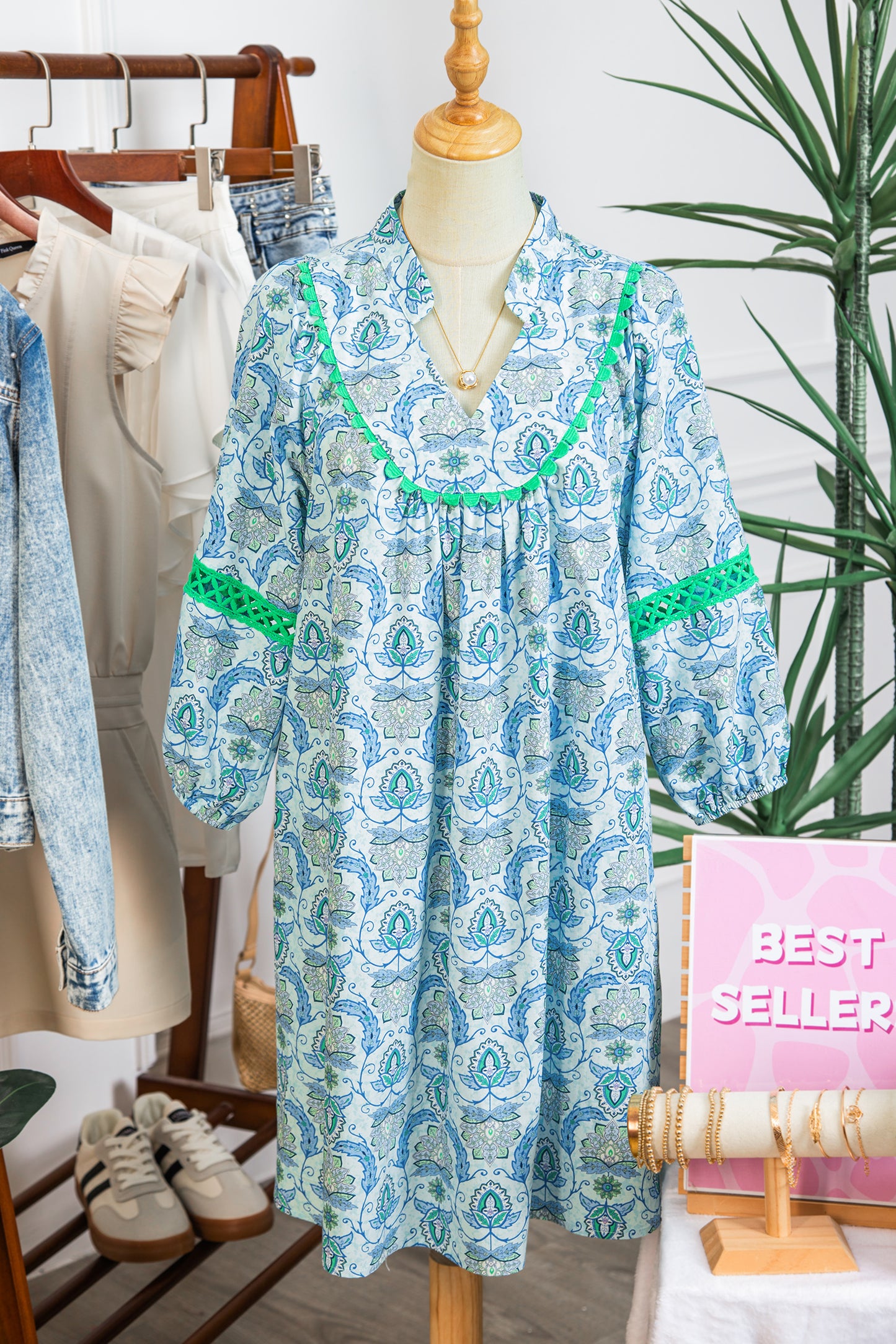 Sky Blue Boho Paisley Print Contrasted Patchwork Detail Bracelet Sleeve Loose Mini Dress-Bracelet-[Adult]-[Female]-2022 Online Blue Zone Planet