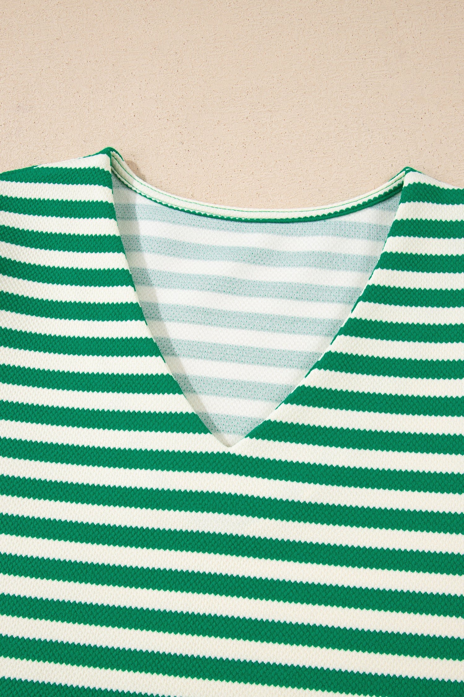 Green Stripe Puff Short Sleeve Patchwork V Neck Blouse-Tops/Blouses & Shirts-[Adult]-[Female]-2022 Online Blue Zone Planet