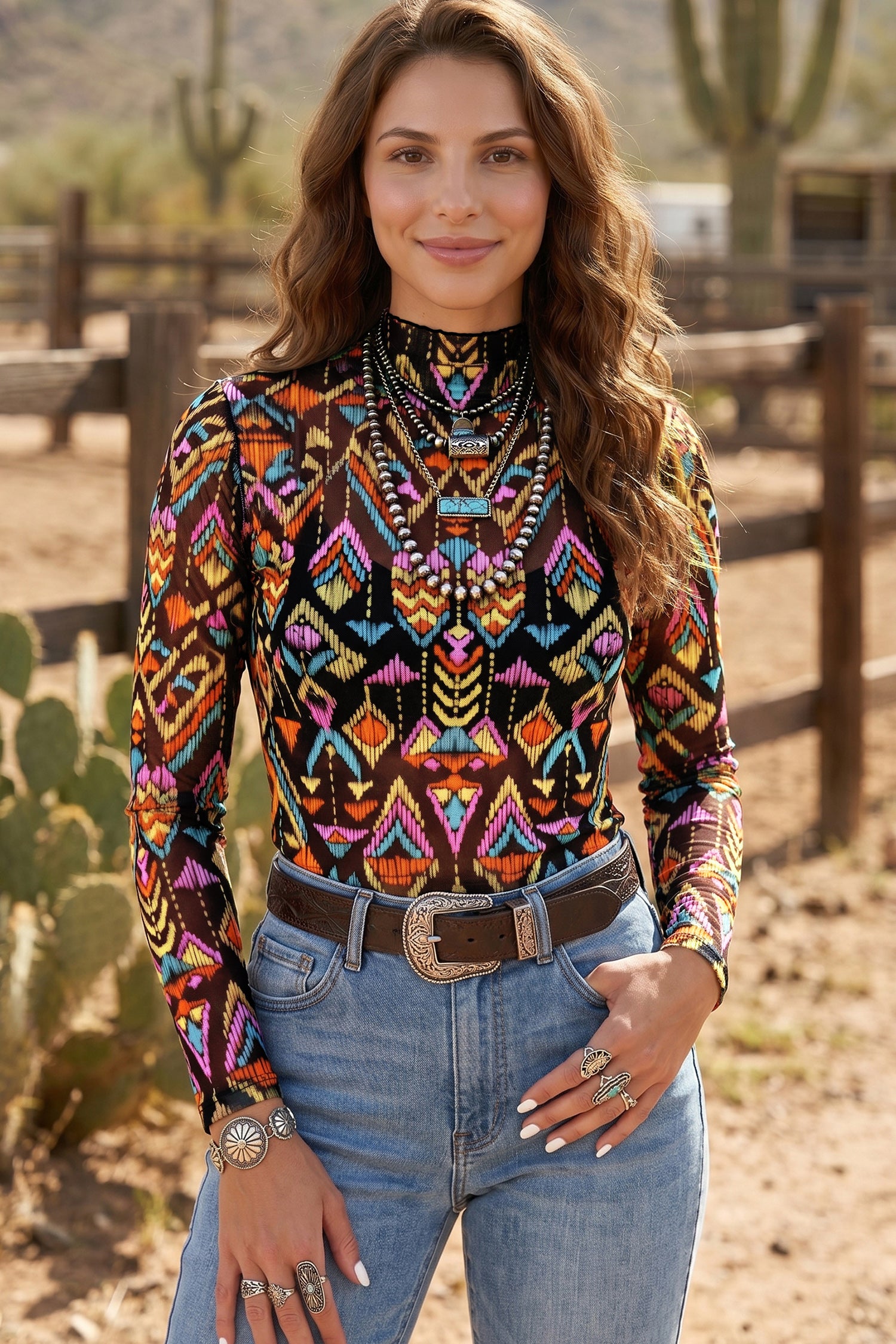 Color black Abstract Print Long Sleeve Stand Neck Mesh Top-Tops/Long Sleeve Tops-[Adult]-[Female]-2022 Online Blue Zone Planet