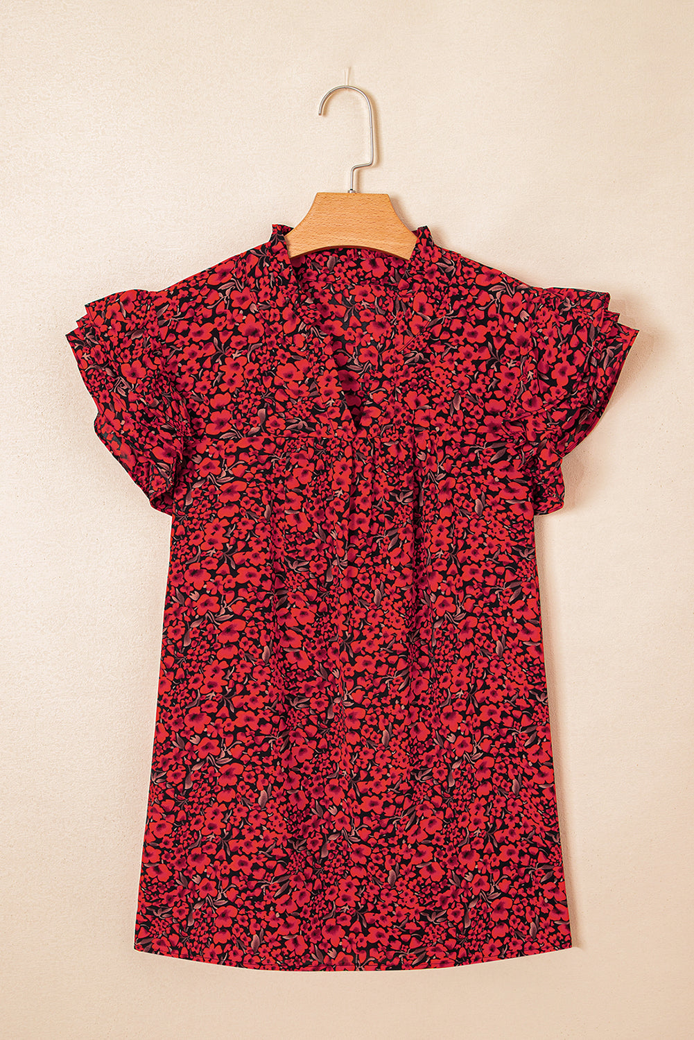 Fiery Red Rose Floral Print Ruffle Sleeve Plus Size Shift Top-Plus Size/Plus Size Tops/Plus Size Blouses & Shirts-[Adult]-[Female]-2022 Online Blue Zone Planet