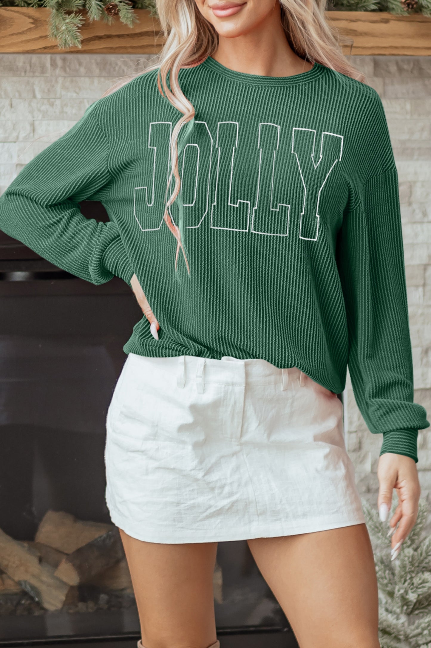 Blackish Green Twisted Rib Outlined Merry Letter Graphic Loose Long Sleeve Top-Tops/Long Sleeve Tops-[Adult]-[Female]-2022 Online Blue Zone Planet