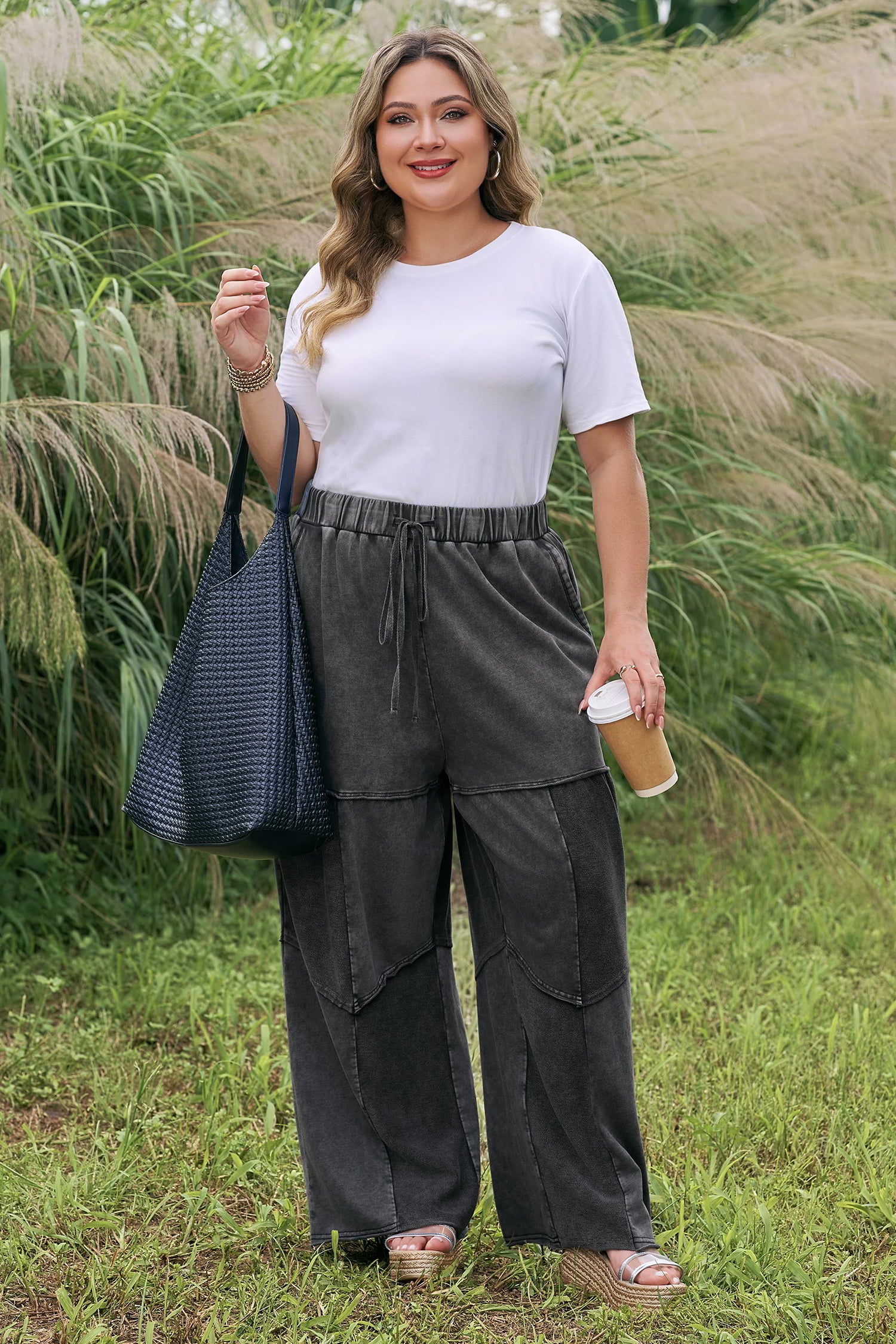 Black Plus Size Mineral Wash Exposed Seam Patchwork Drawstring Loose Pants-Plus Size/Plus Size Bottoms-[Adult]-[Female]-2022 Online Blue Zone Planet
