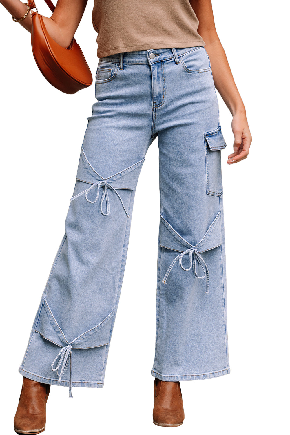Beau Blue Bowknot Decor Boyfriend Cargo Jeans-Bottoms/Jeans-[Adult]-[Female]-2022 Online Blue Zone Planet