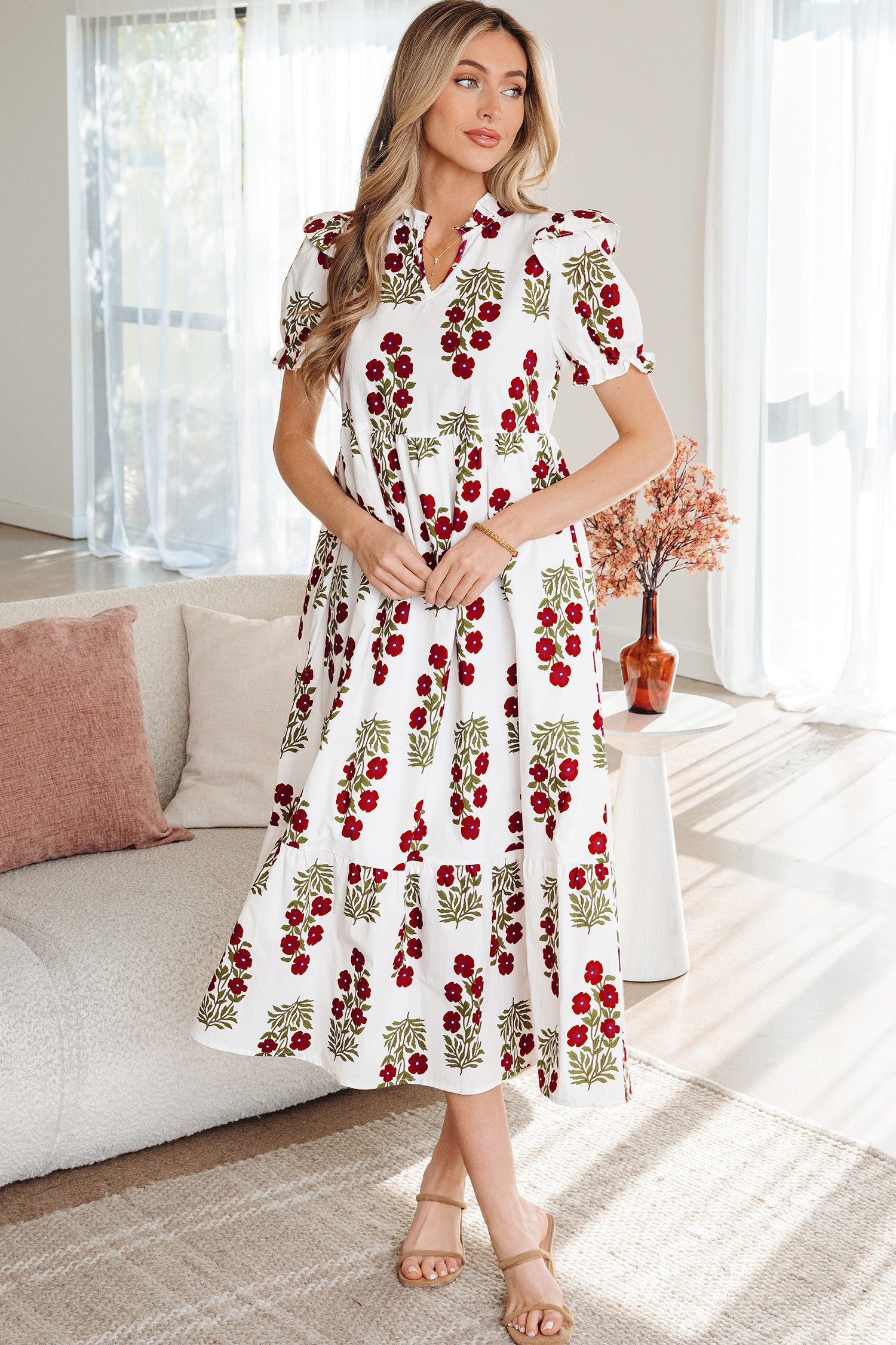Beige Floral Short Bubble Sleeve Tiered Maxi Dress-TOPS / DRESSES-[Adult]-[Female]-2022 Online Blue Zone Planet