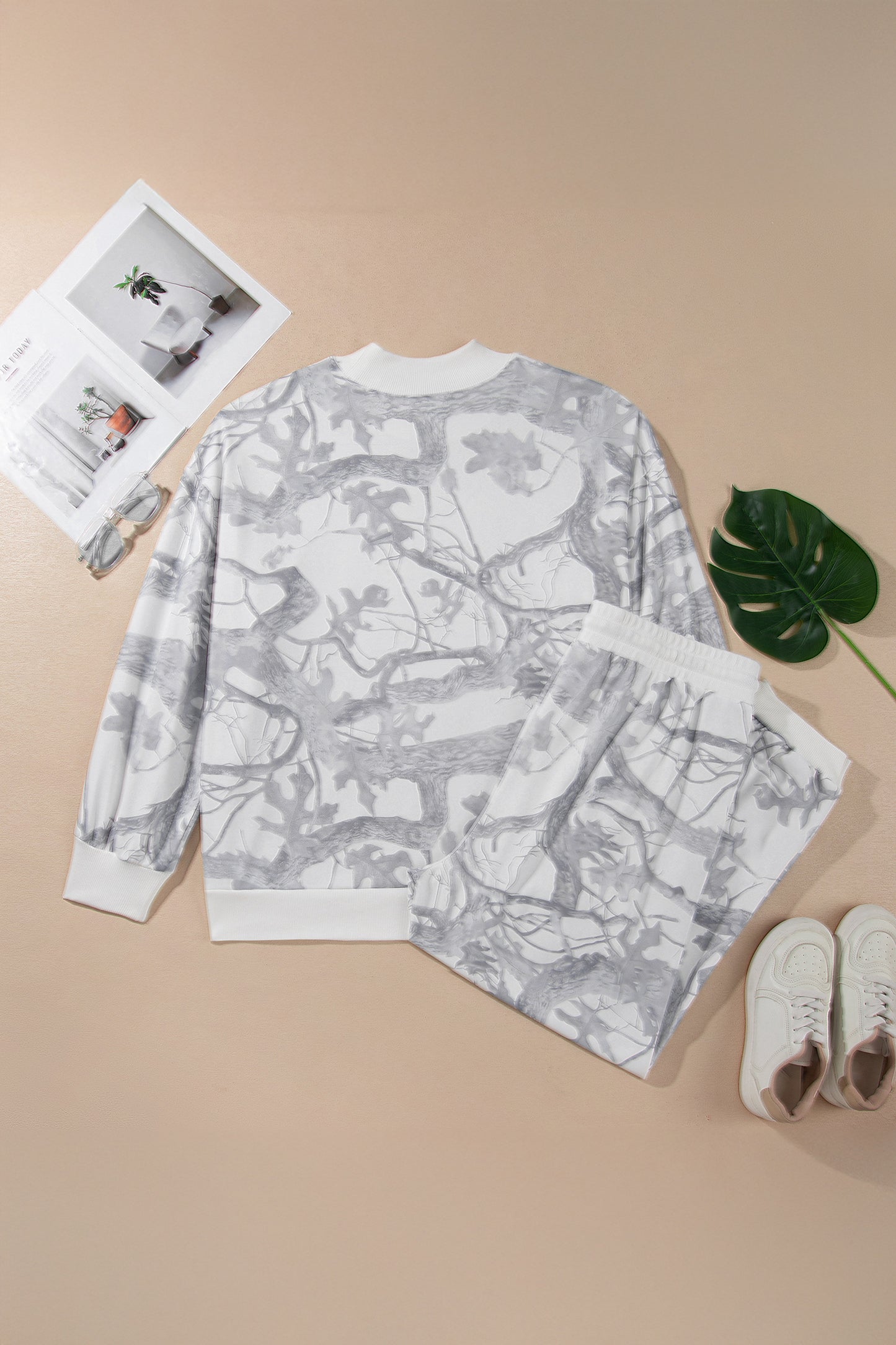 Gray Camouflage Print Stand Neck Long Sleeve Regular Fit Plus Size Set-Plus Size/Plus Size Loungewear-[Adult]-[Female]-2022 Online Blue Zone Planet